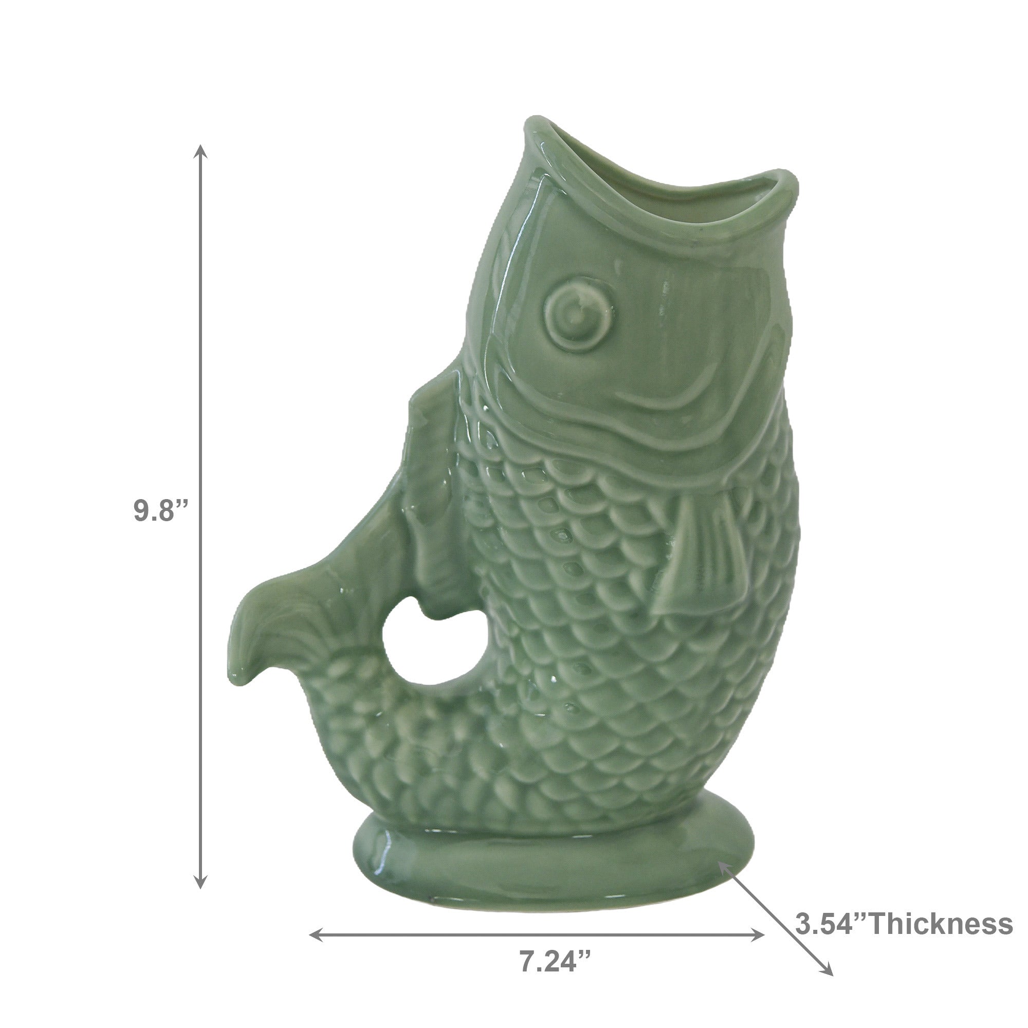 Textured Green Ceramic Arched Tail Fish Vase with Handcrafted Details