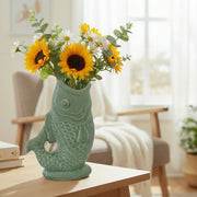 Textured Green Ceramic Arched Tail Fish Vase with Handcrafted Details