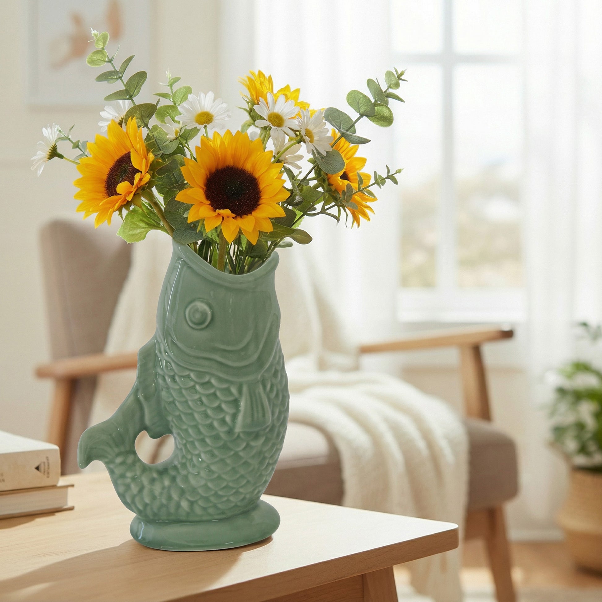 Textured Green Ceramic Arched Tail Fish Vase with Handcrafted Details