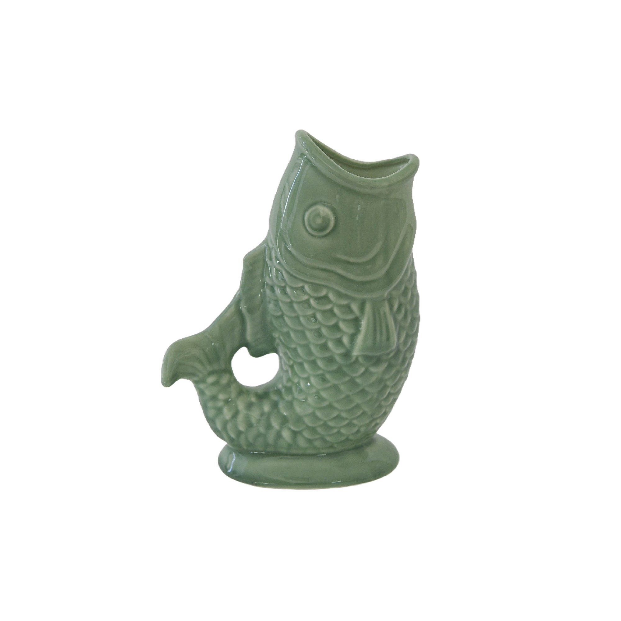 Textured Green Ceramic Arched Tail Fish Vase with Handcrafted Details