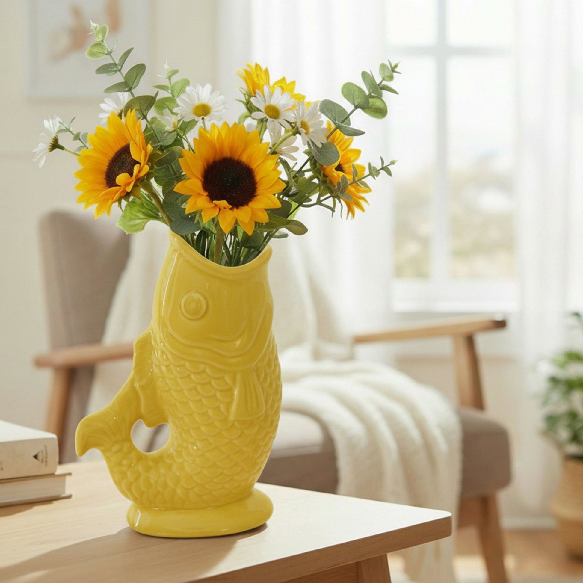 Textured Yellow Ceramic Arched Tail Fish Vase with Rustic Charm
