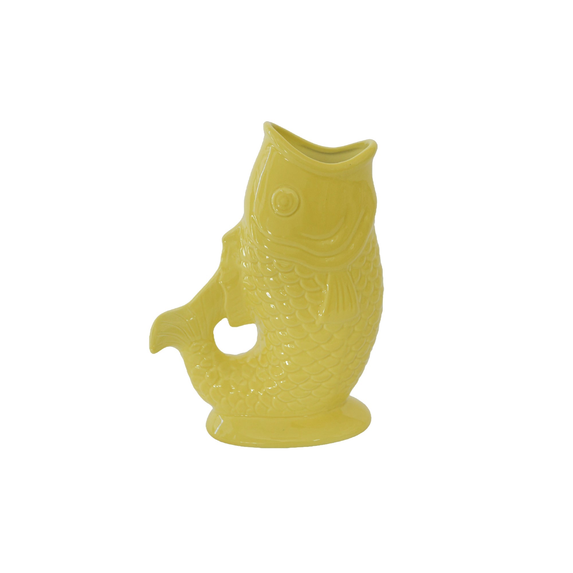 Textured Yellow Ceramic Arched Tail Fish Vase with Rustic Charm
