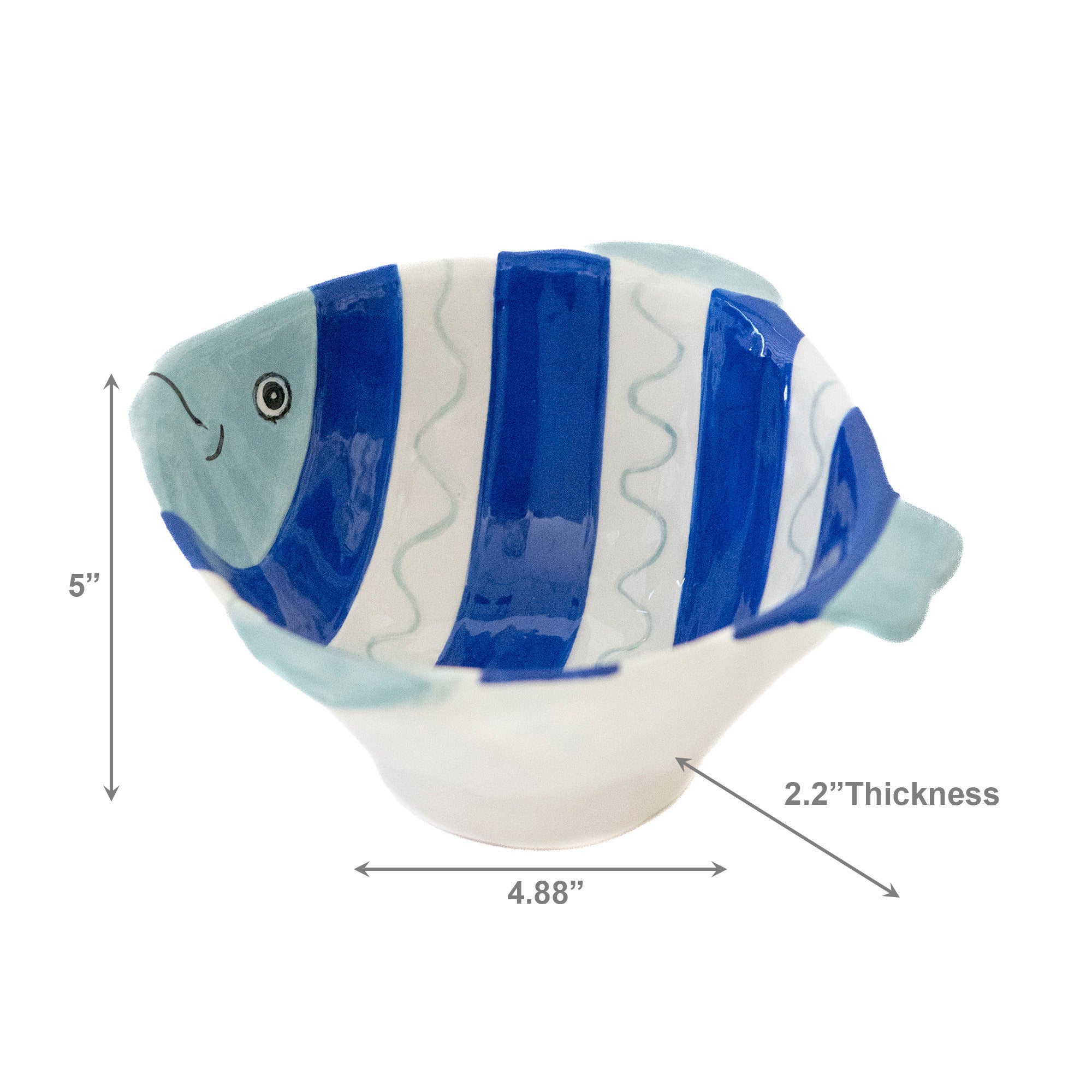 Blue Striped Ceramic Fish-Shaped Bowl with Hand-Painted Finish - Set of 2