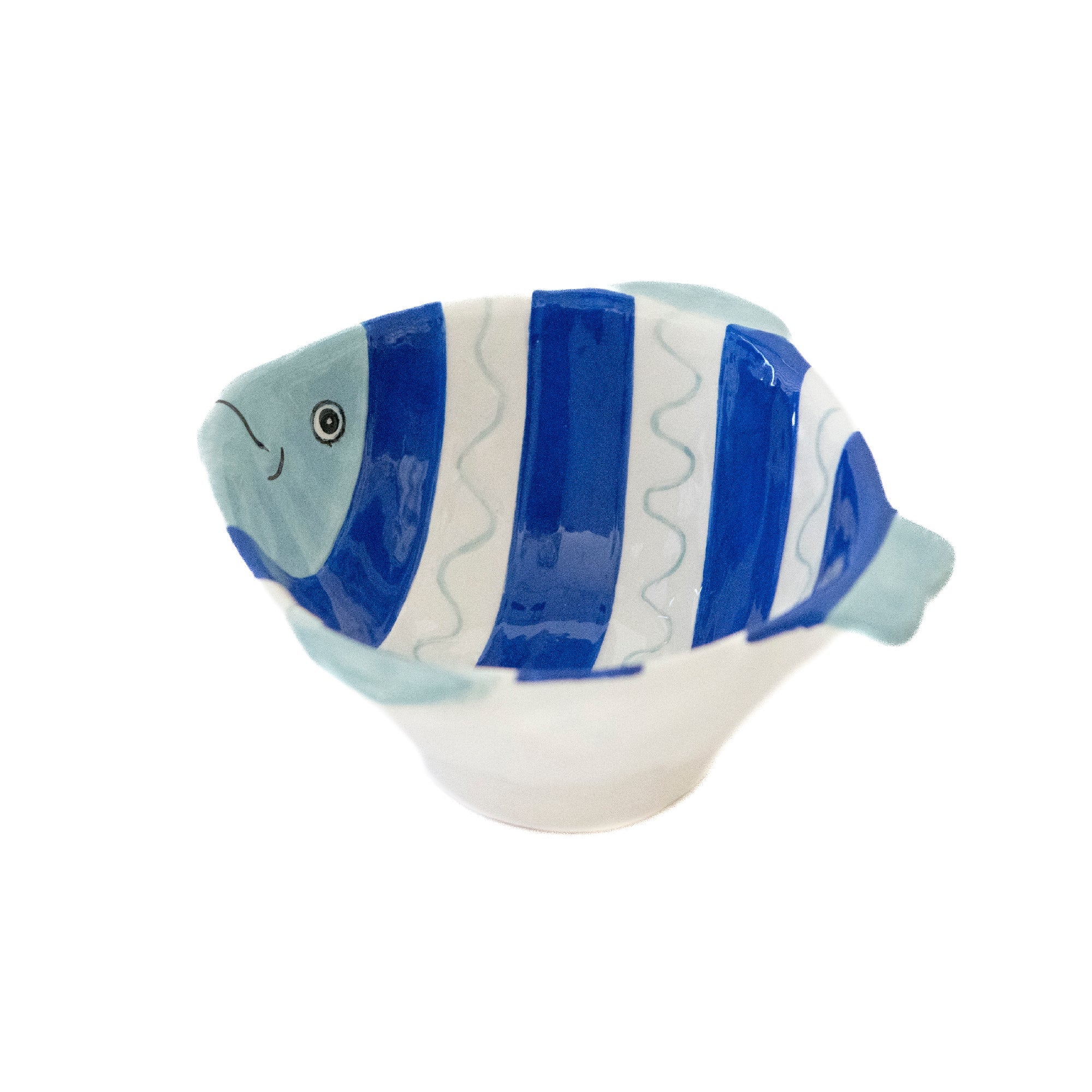 Blue Striped Ceramic Fish-Shaped Bowl with Hand-Painted Finish - Set of 2