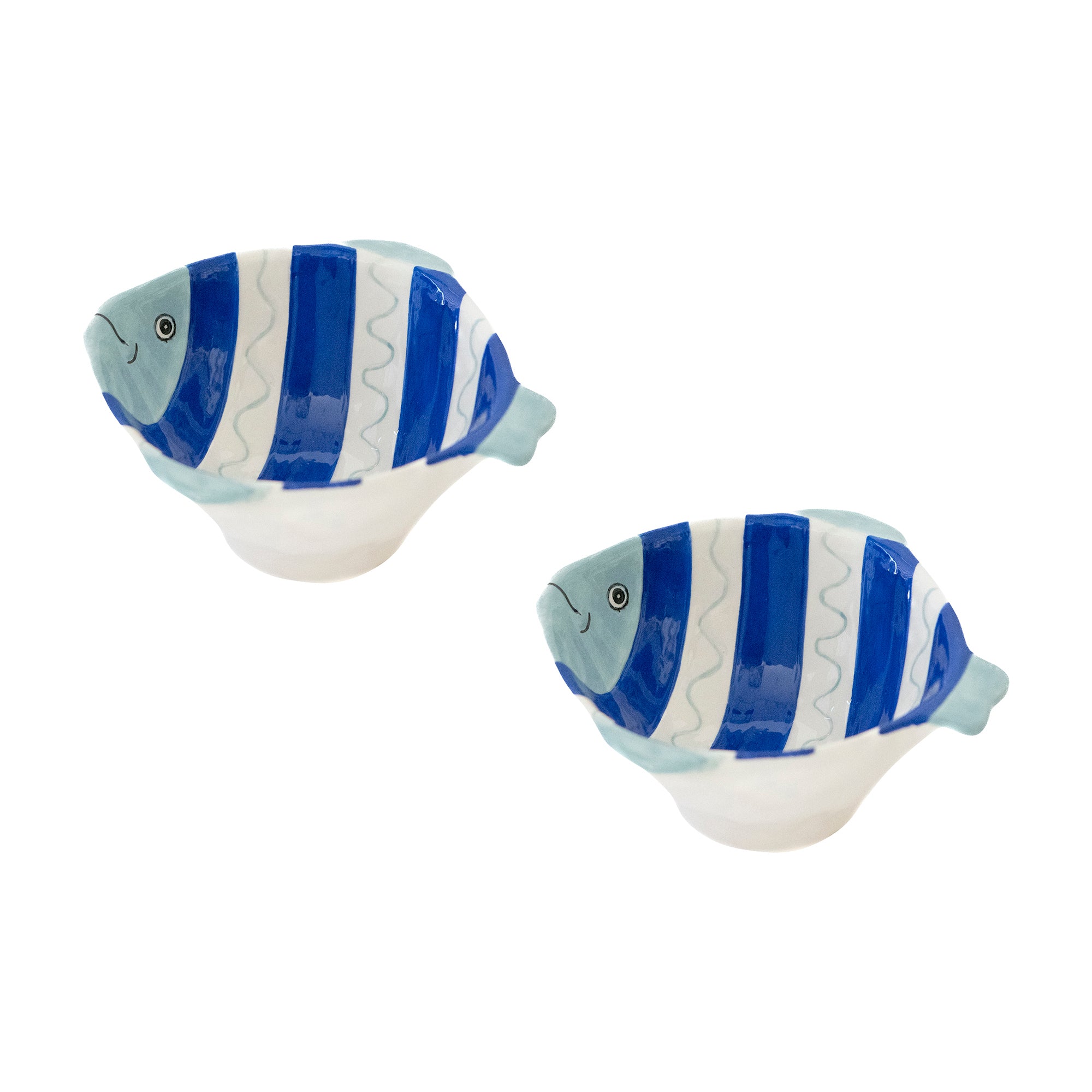 Blue Striped Ceramic Fish-Shaped Bowl with Hand-Painted Finish - Set of 2