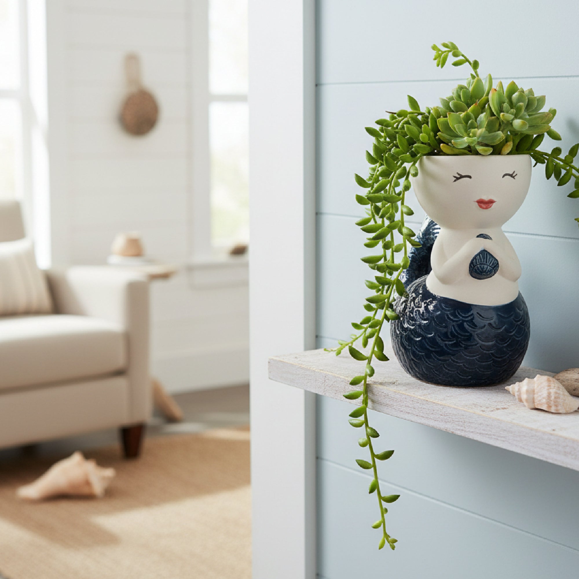 Ceramic Mermaid Planter in Sitting Position with Detailed Finish