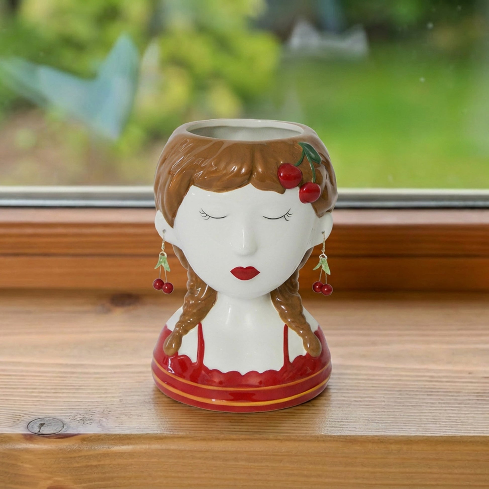Ceramic Planter Featuring Whimsical Cherry Lady Design