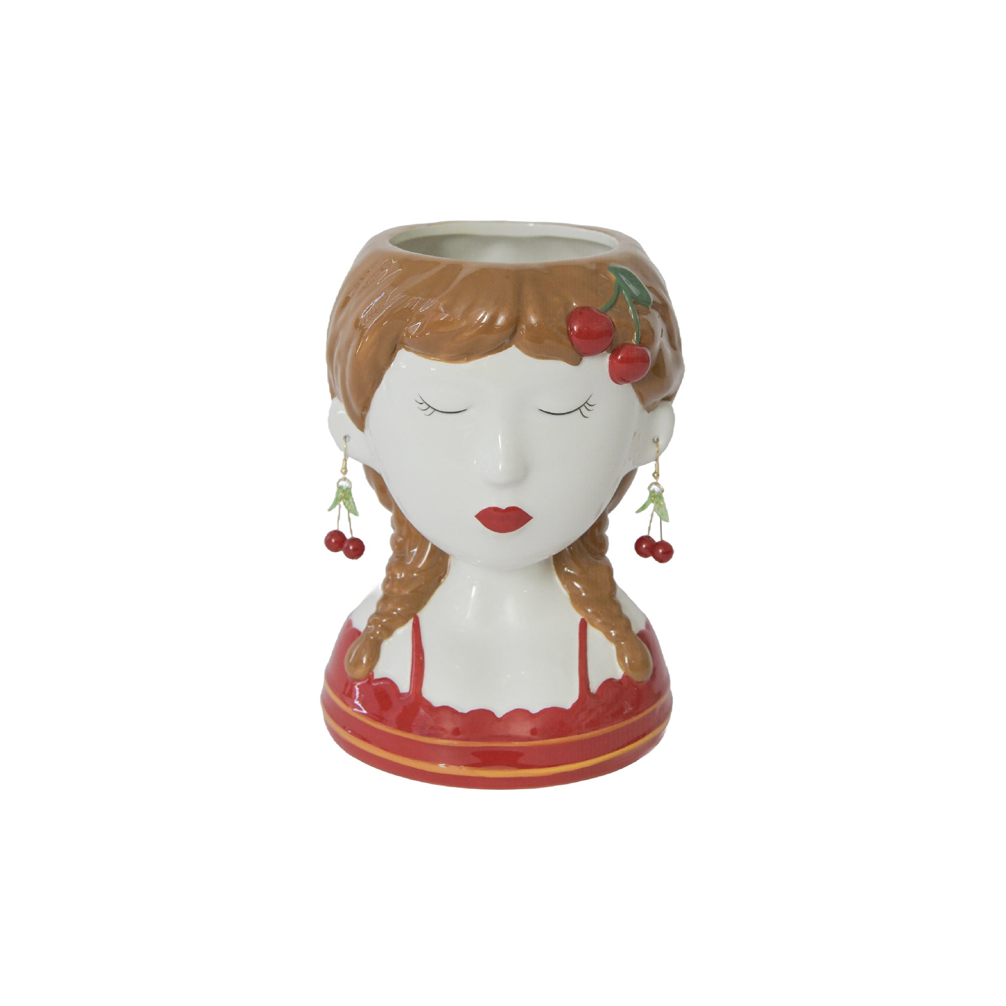 Ceramic Planter Featuring Whimsical Cherry Lady Design