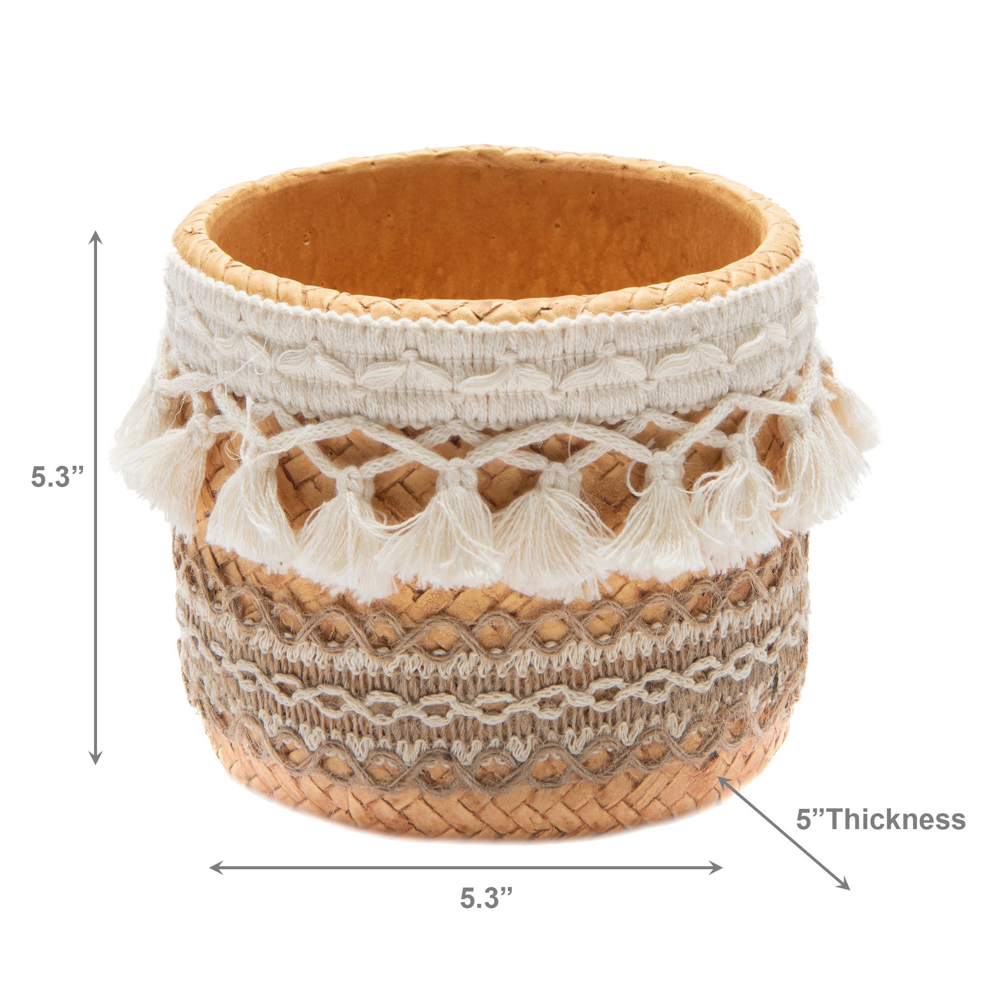 5.5" Casira Round Stone-Weave Planter with Decorative Tassel Accent