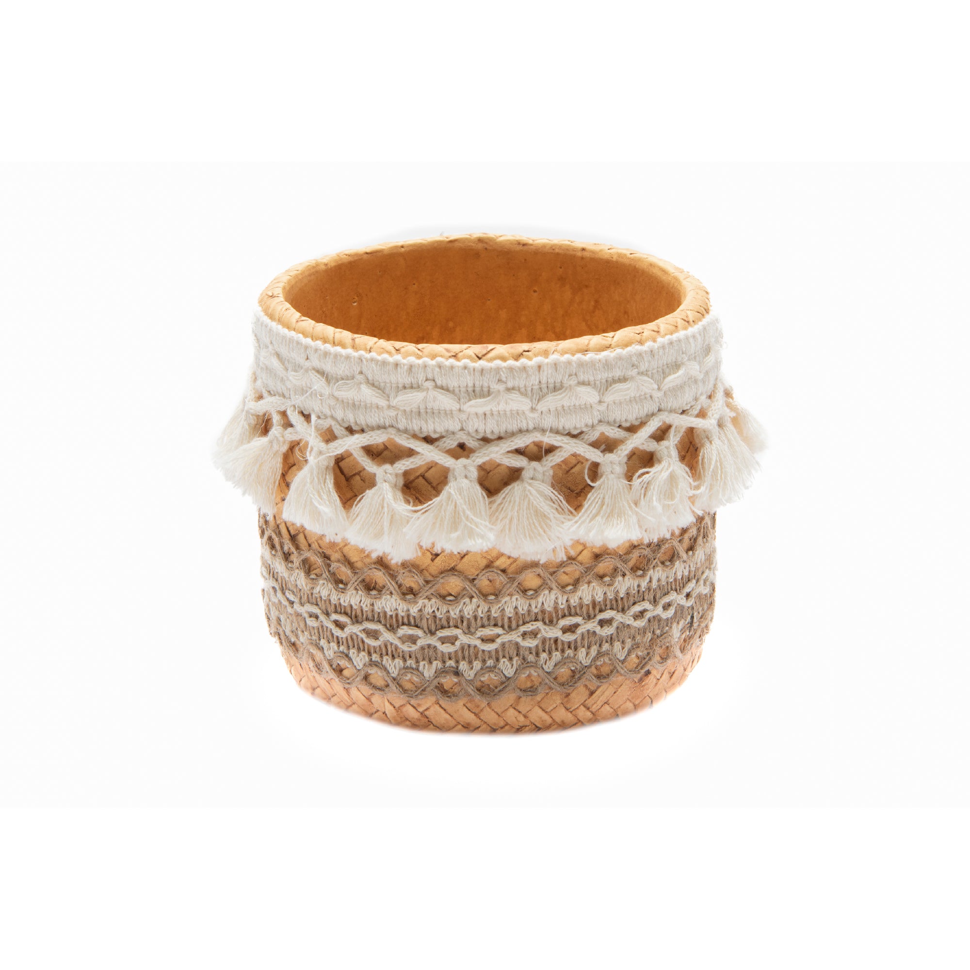 5.5" Casira Round Stone-Weave Planter with Decorative Tassel Accent