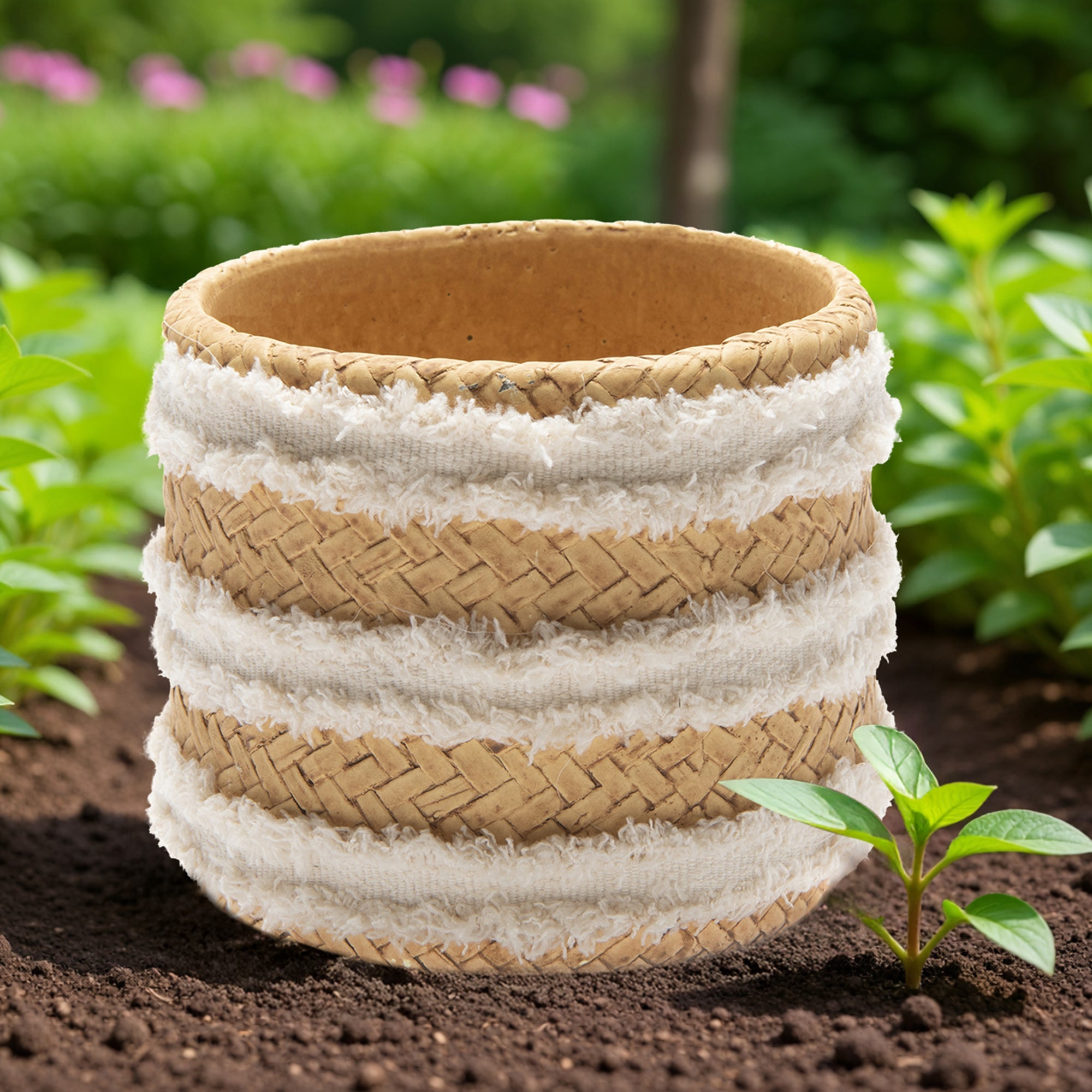 5.5" Theon Round Stone-Weave Planter Featuring Froufrou Stripe Design