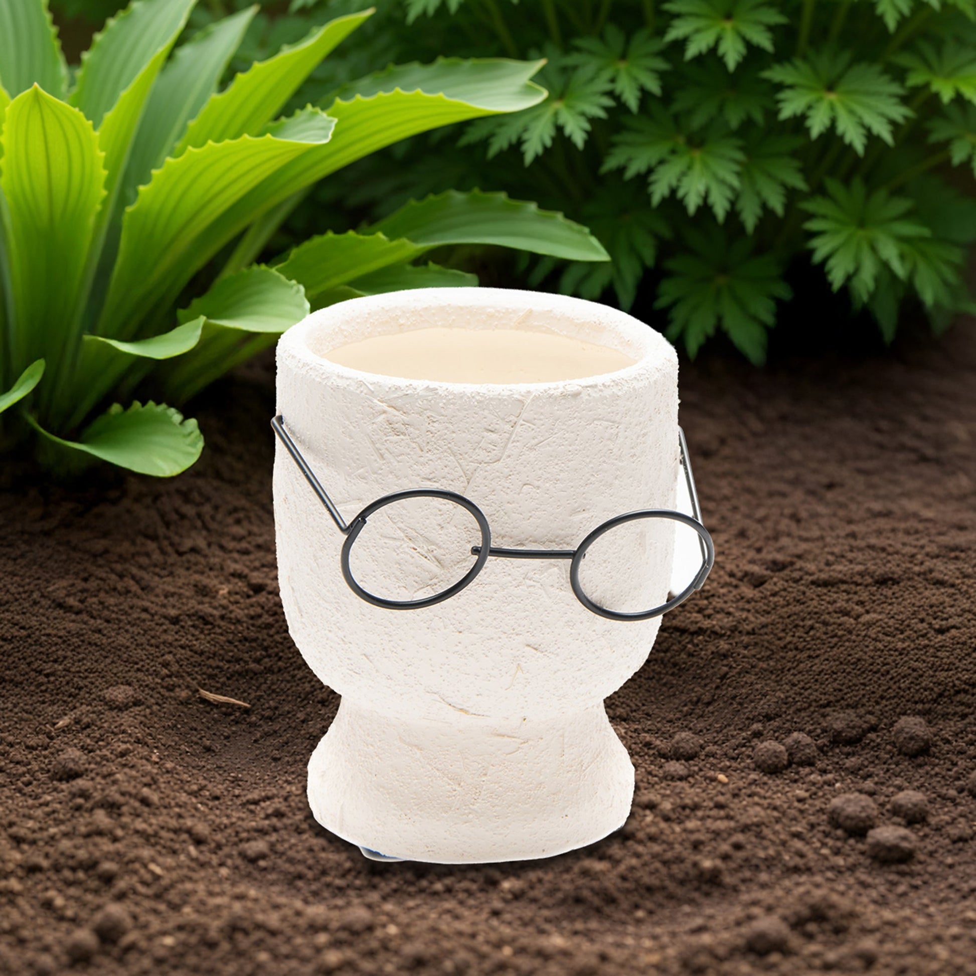 Textured Stone Face Planter with Glasses – Modern Decorative Indoor Planter