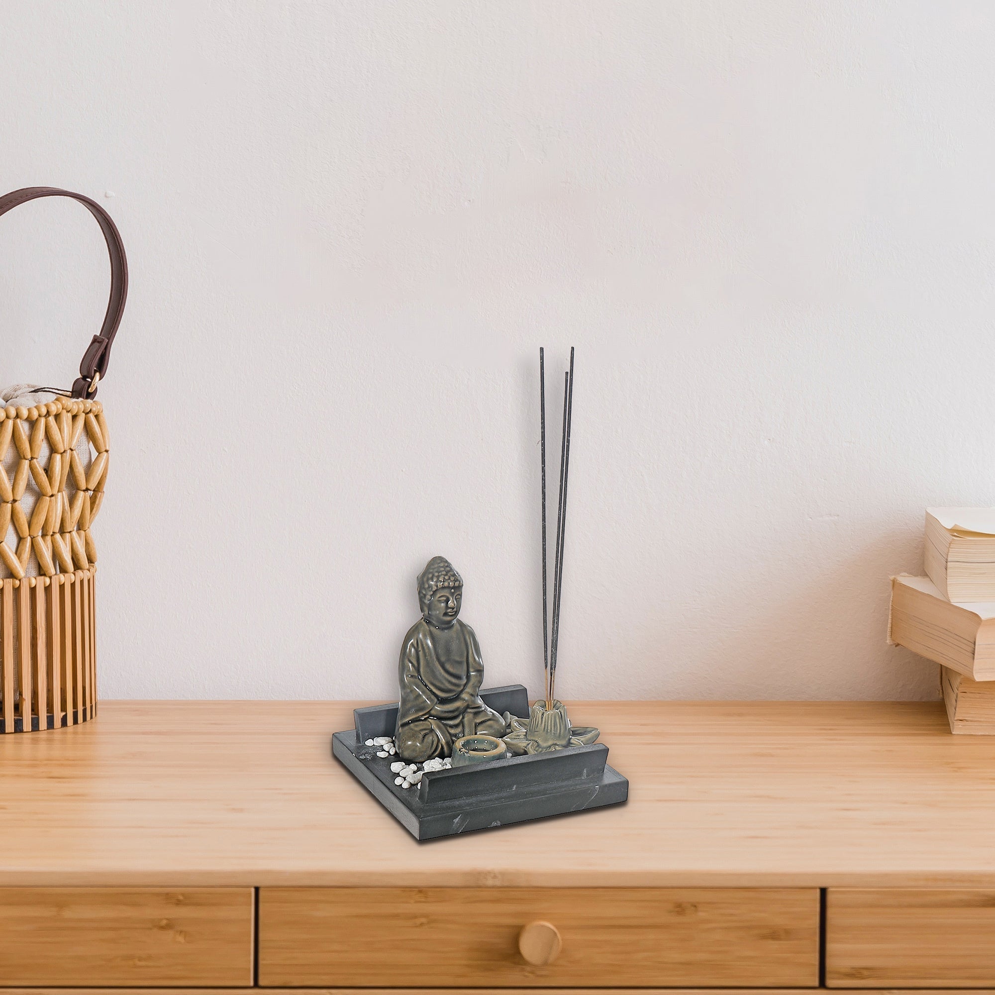 Ceramic Incense Holder Set Meditating Buddha, Spiritual Zen Home Decor, Yoga Meditation Accessory