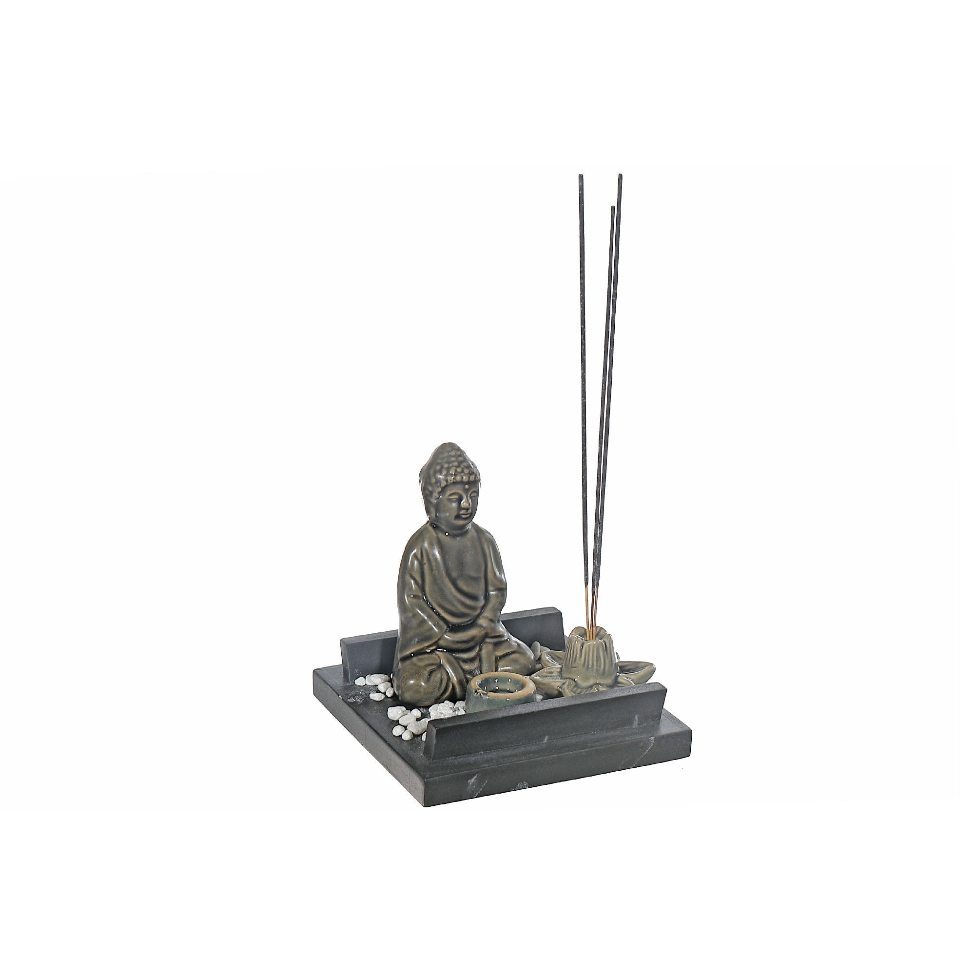 Ceramic Incense Holder Set Meditating Buddha, Spiritual Zen Home Decor, Yoga Meditation Accessory