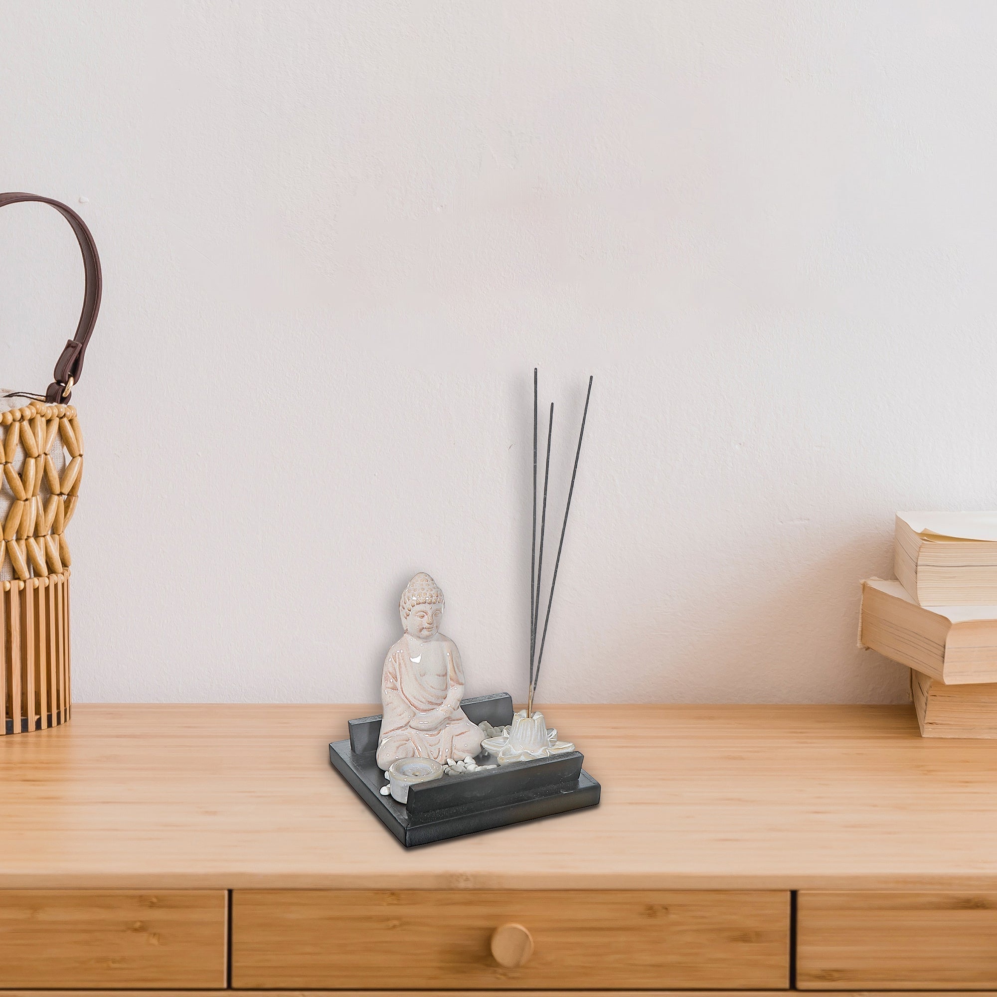 Ceramic Incense Holder Set Meditating Buddha, Spiritual Zen Home Decor, Yoga Meditation Accessory