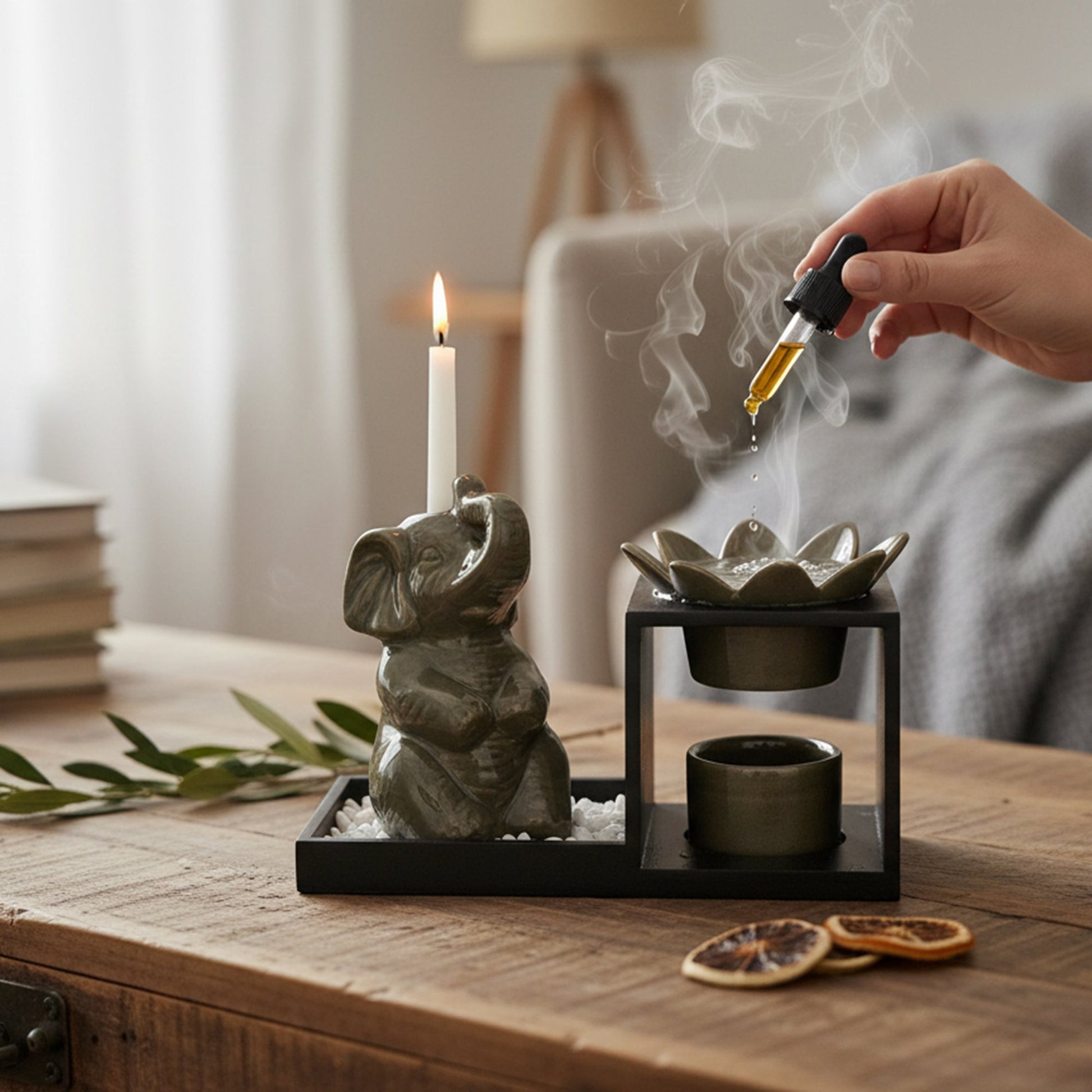 Ceramic Elephant Oil Burner & Diffuser Set – Olive Green Finish