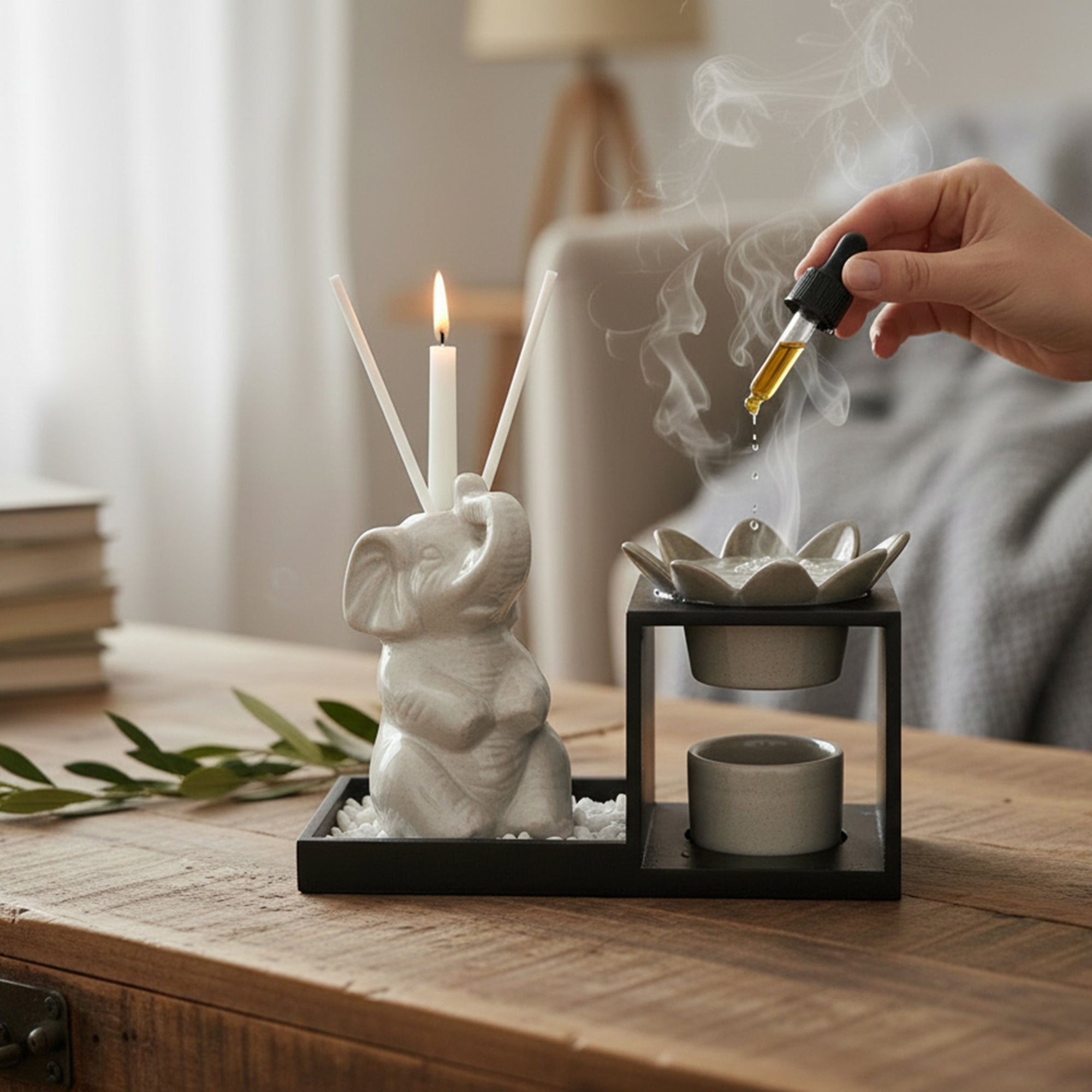 Ceramic Elephant Oil Burner & Diffuser Set – Matte White Finish