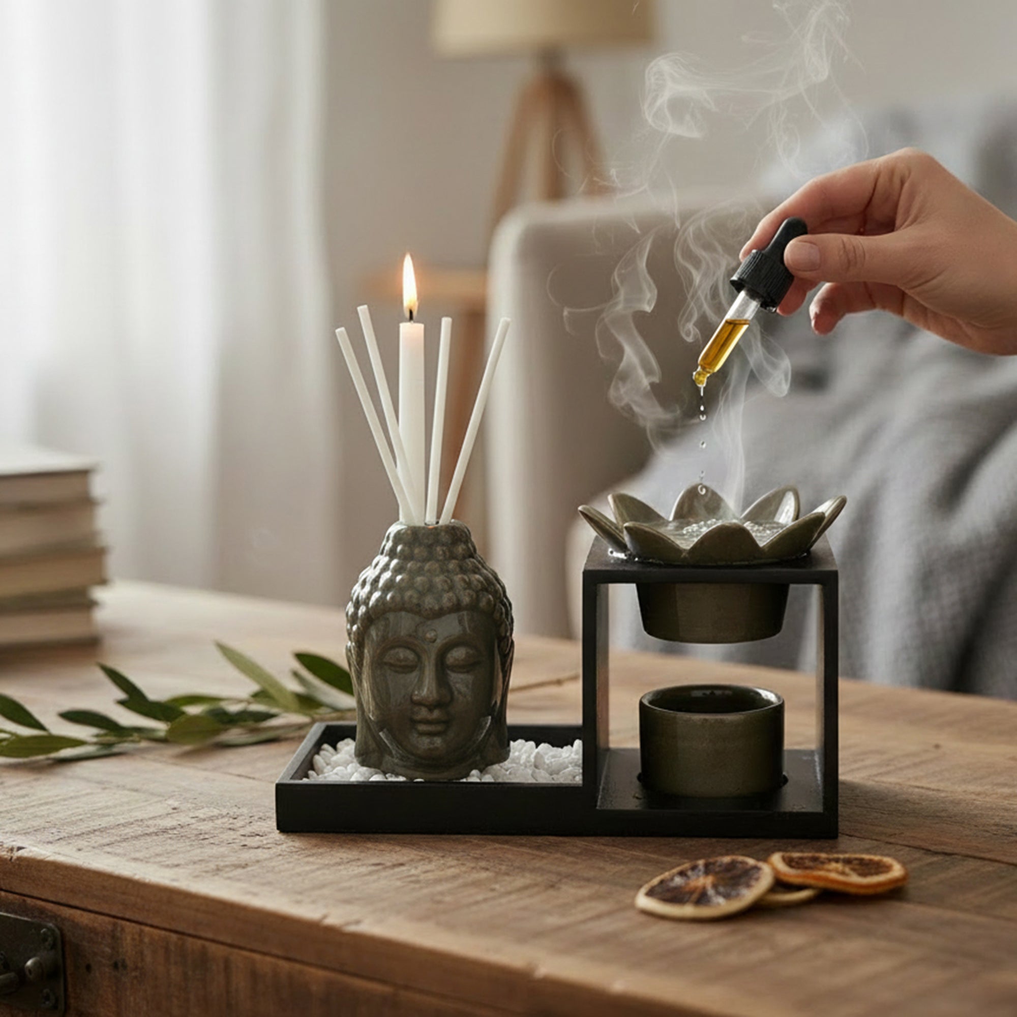 Ceramic Buddha Head Oil Burner & Diffuser Set  Olive Green