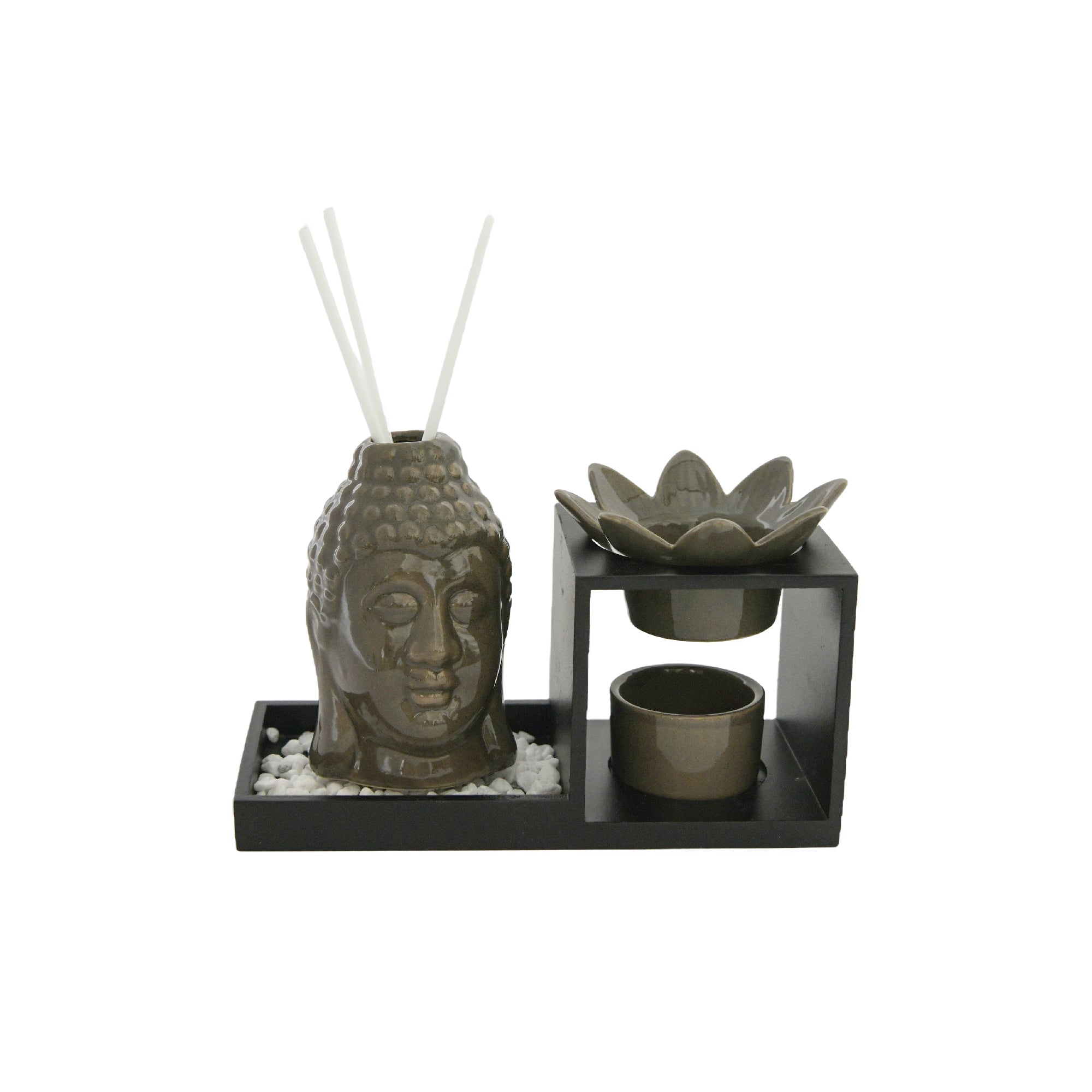 Ceramic Buddha Head Oil Burner & Diffuser Set – Olive Green