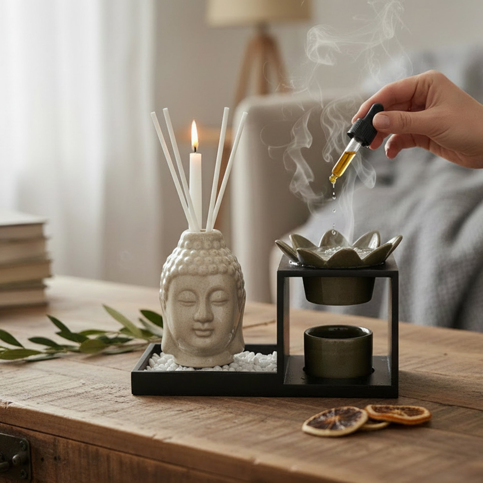 Ceramic Buddha Head Oil Burner & Diffuser Set  Matte White