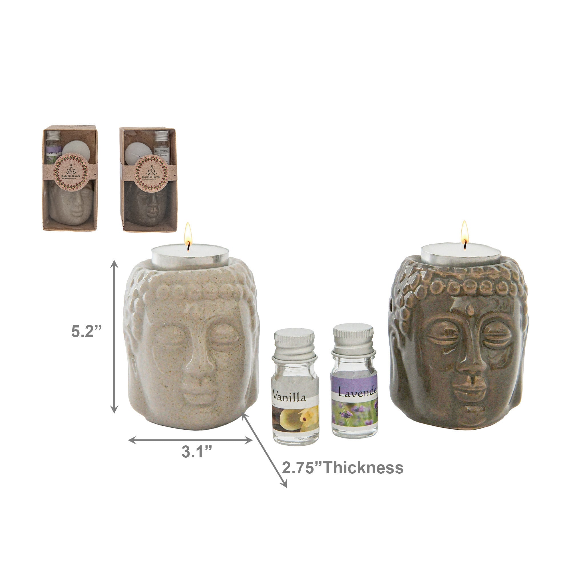 Ceramic Buddha Head Oil Burner Gift Set – Assorted Designs - Set of 2