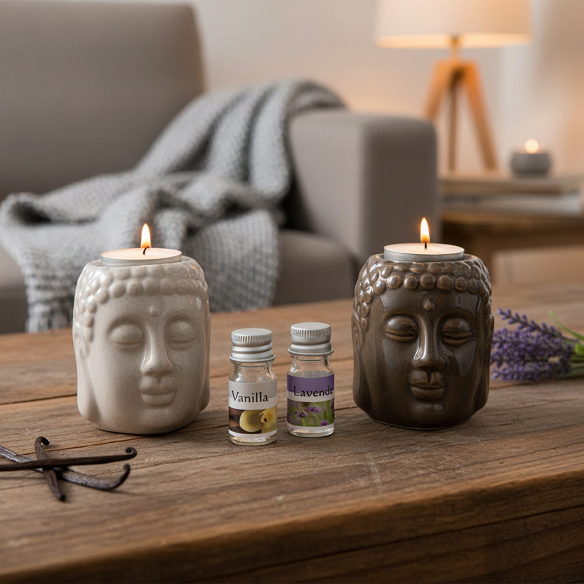 Ceramic Buddha Head Oil Burner Gift Set  Assorted Designs - Set of 2
