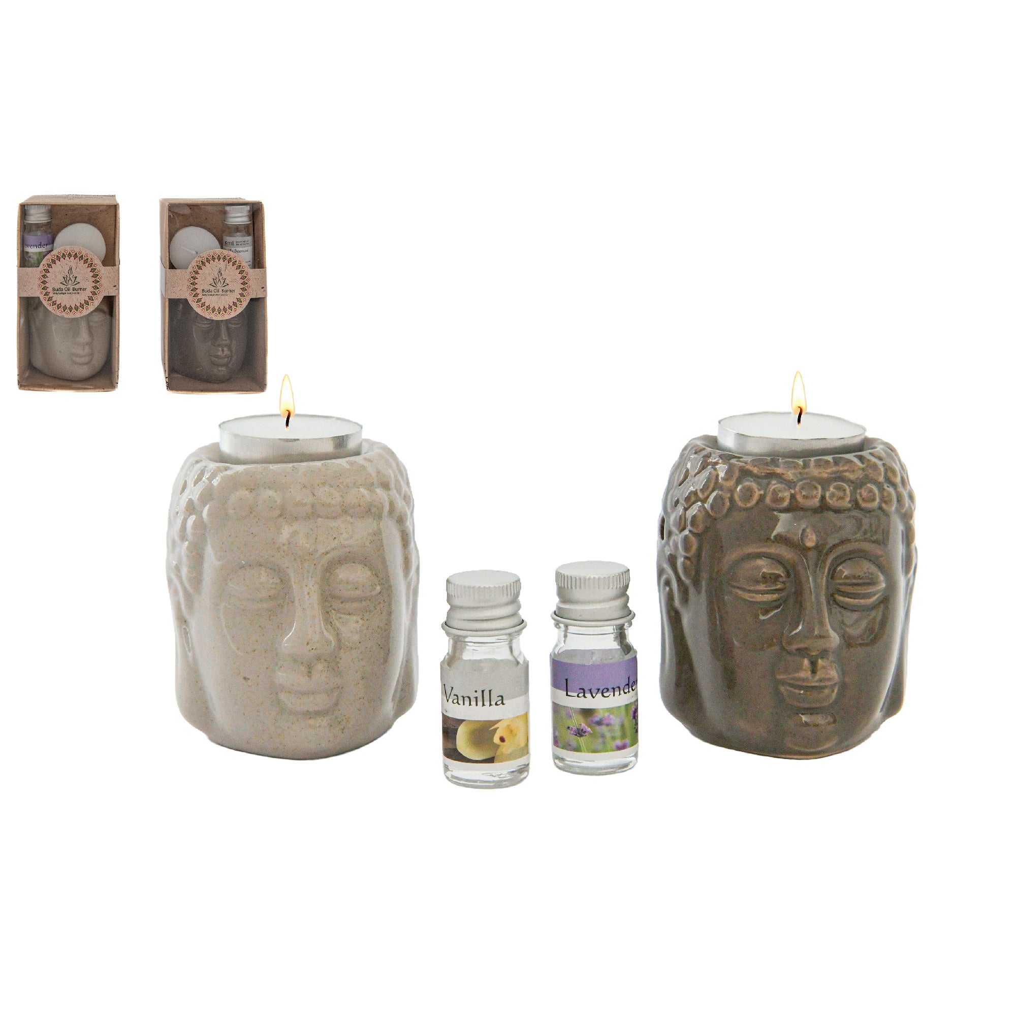 Ceramic Buddha Head Oil Burner Gift Set – Assorted Designs - Set of 2