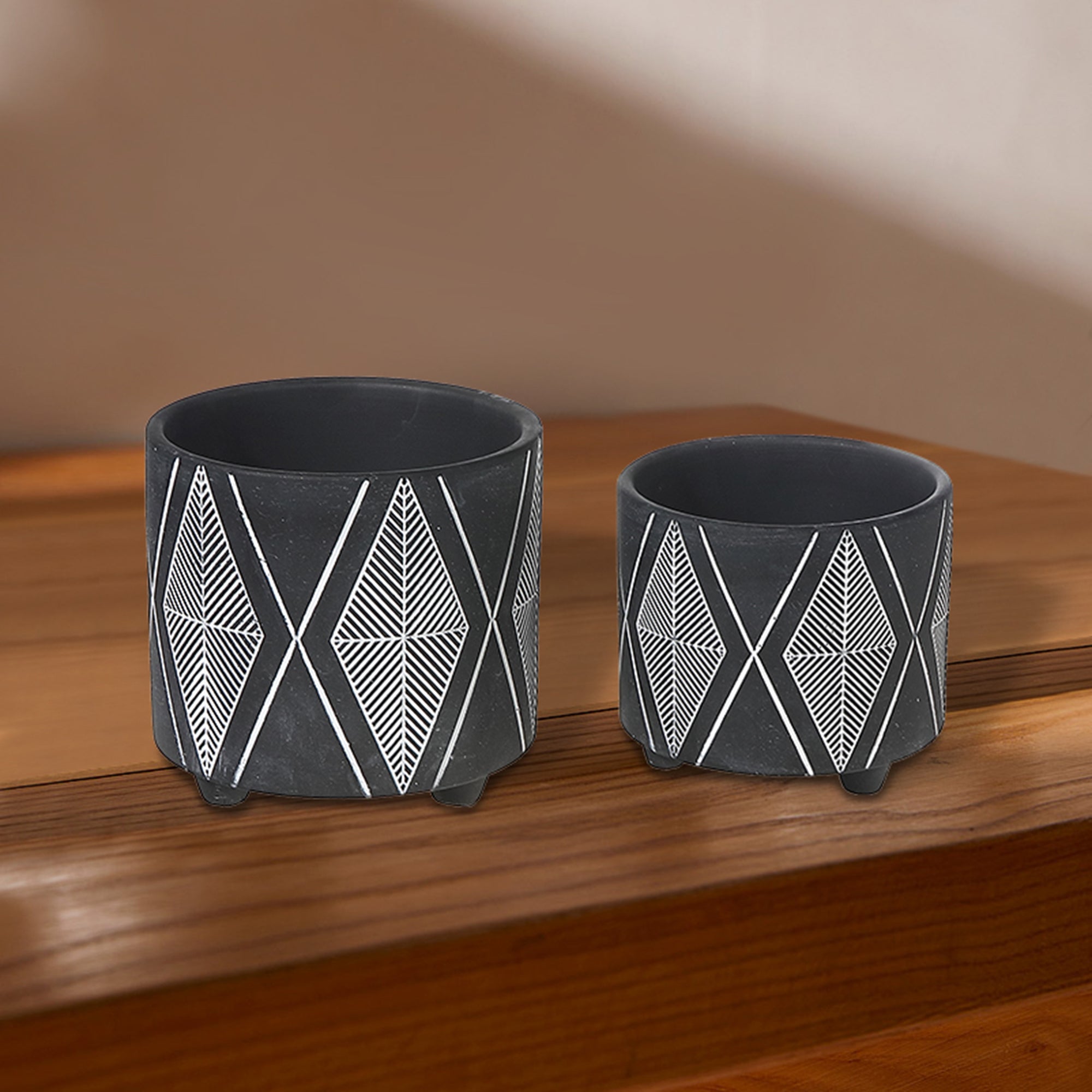 Ceramic Round Planters Black Diamond Set Of 2, Indoor Plant Pot, Modern Home Decor