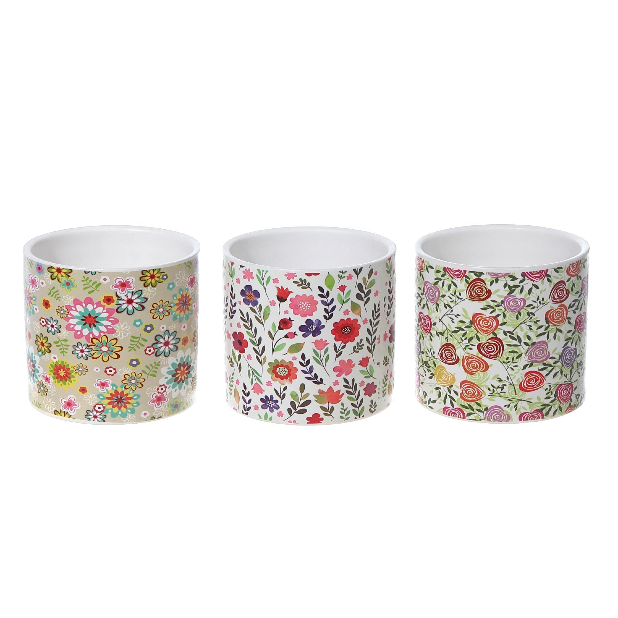 Ceramic Round Planters Spring Floral Set Of 3, Indoor Plant Decoration