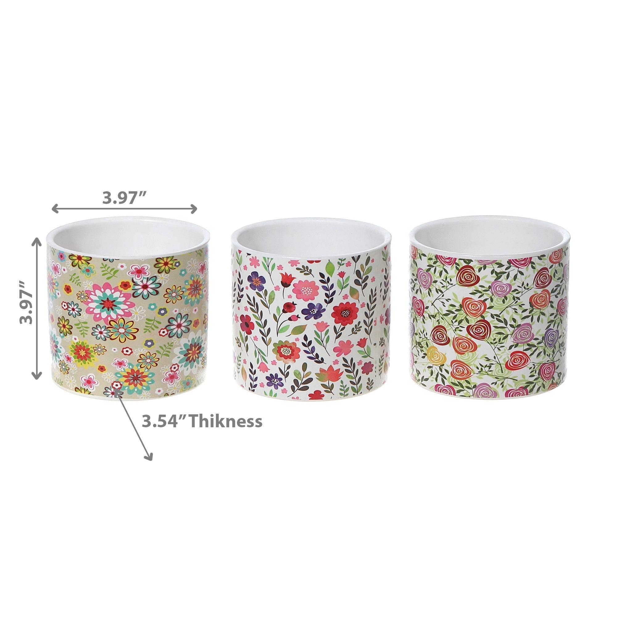Ceramic Round Planters Spring Floral Set Of 3, Indoor Plant Decoration