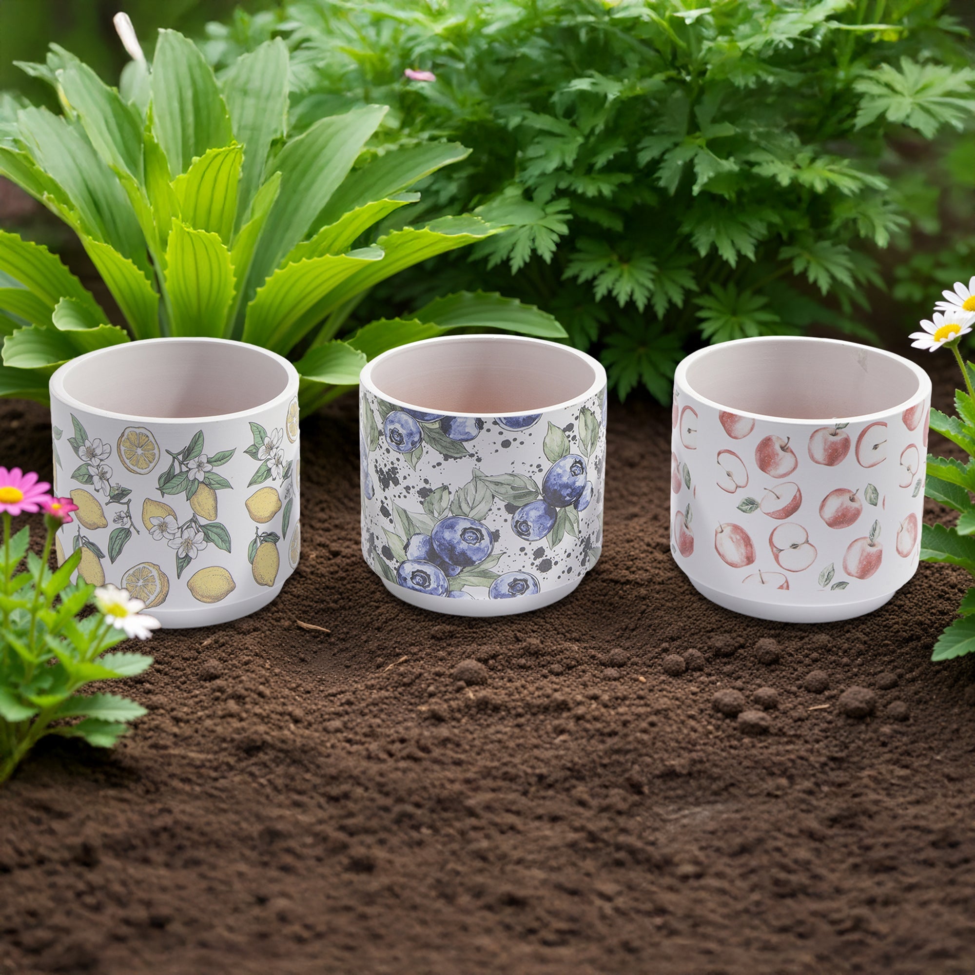 Terracotta Round Fruit-Pattern Planters - Set of 3