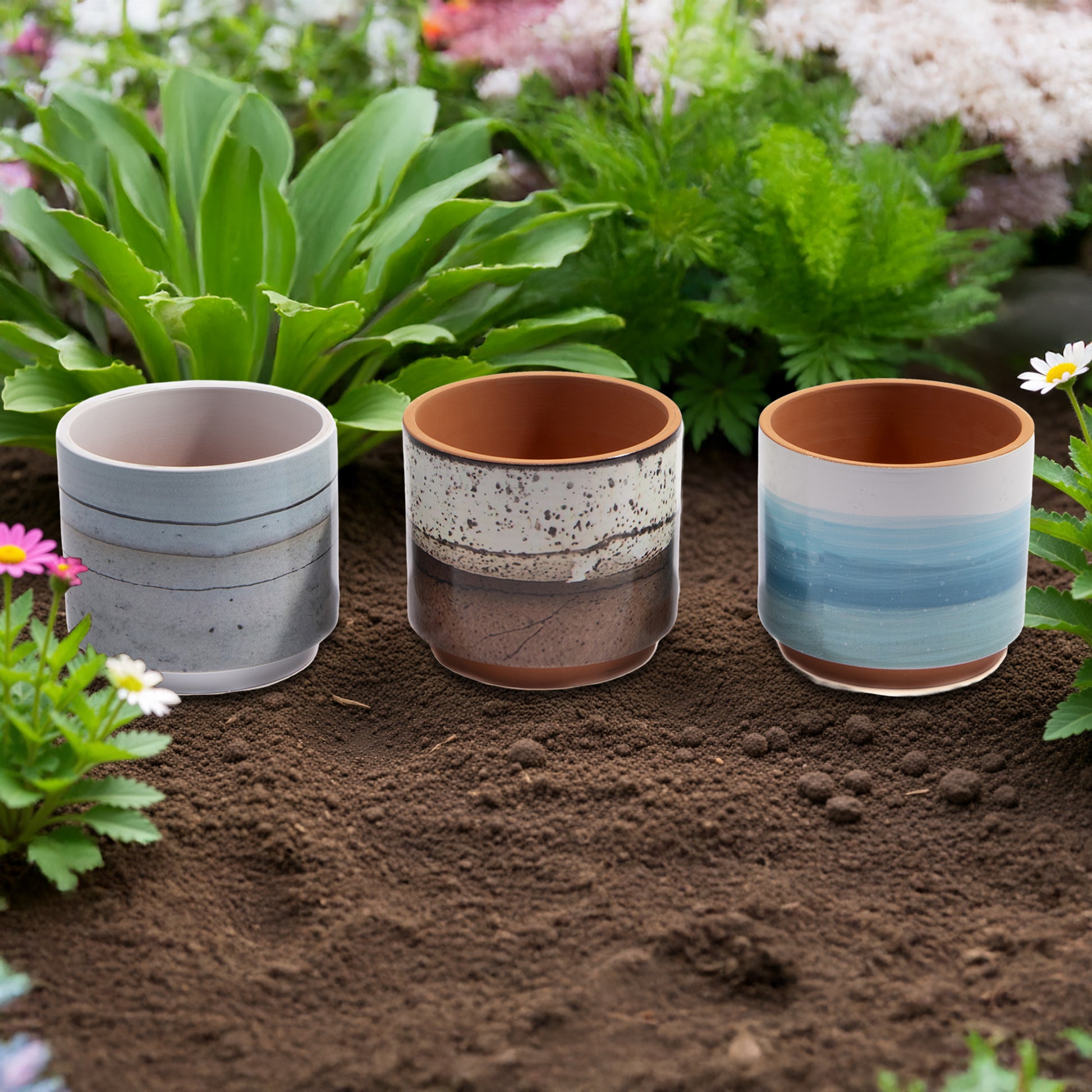 Glazed Terracotta Round Planters – Set of 6 Display - Set of 3