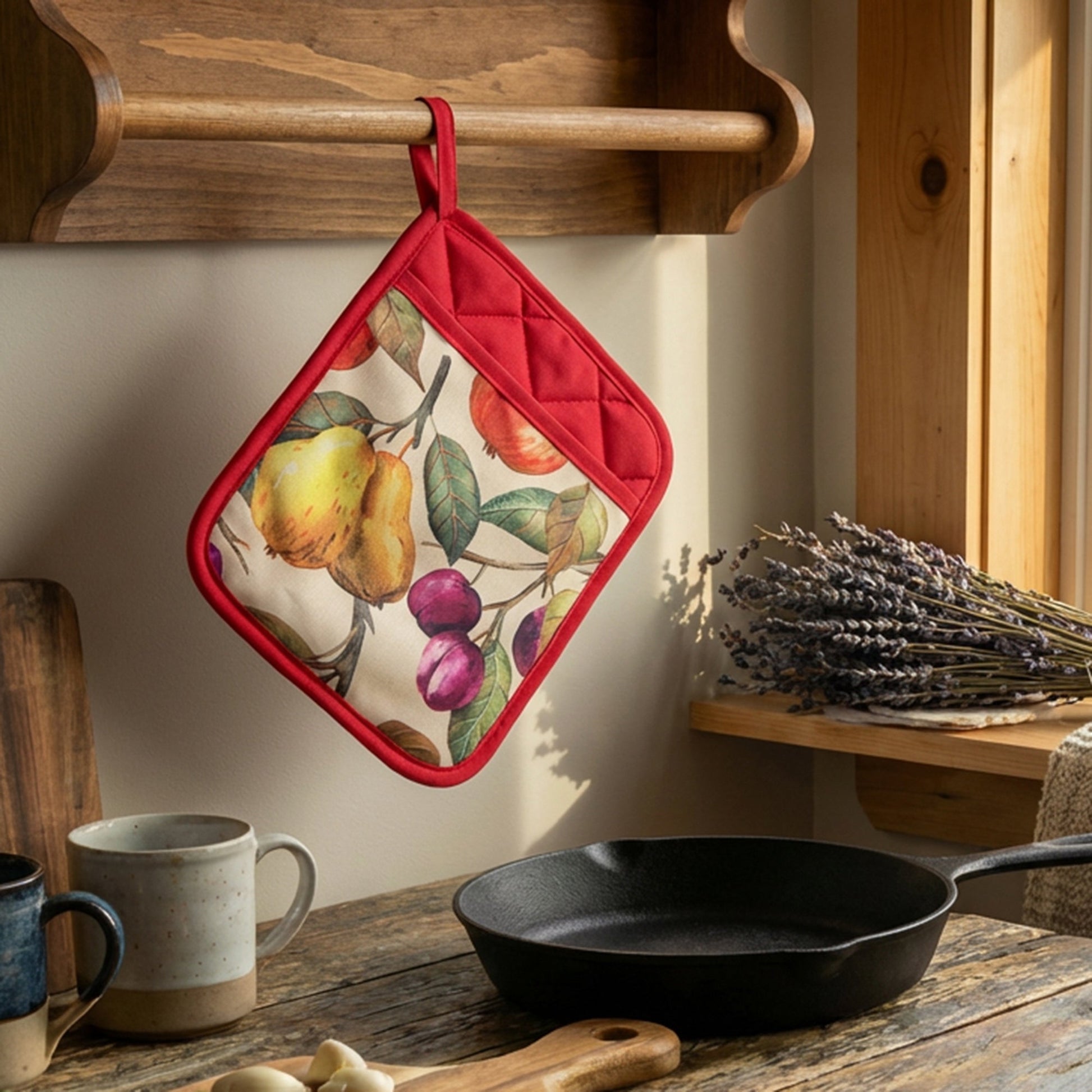 Apple & Pear Print Quilted Pot Holder with Pocket - Set of 6