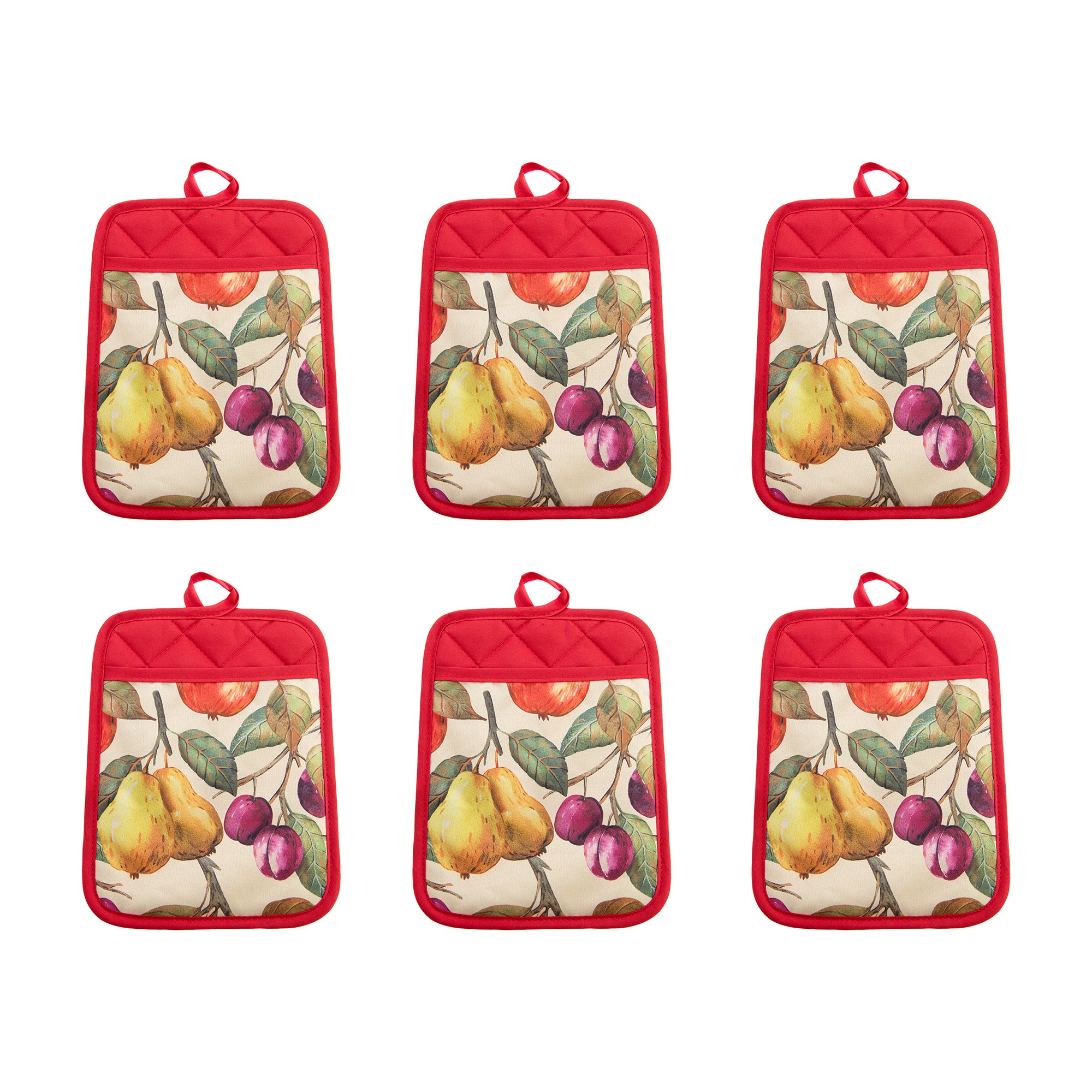 Apple & Pear Print Quilted Pot Holder with Pocket - Set of 6