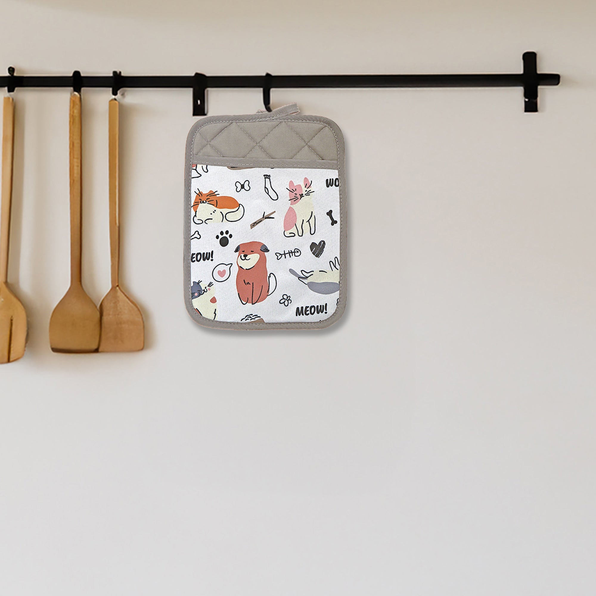 Pot Holder with Pocket Dog and Cat Print, Heat Resistant Kitchen Accessory, Set of 6