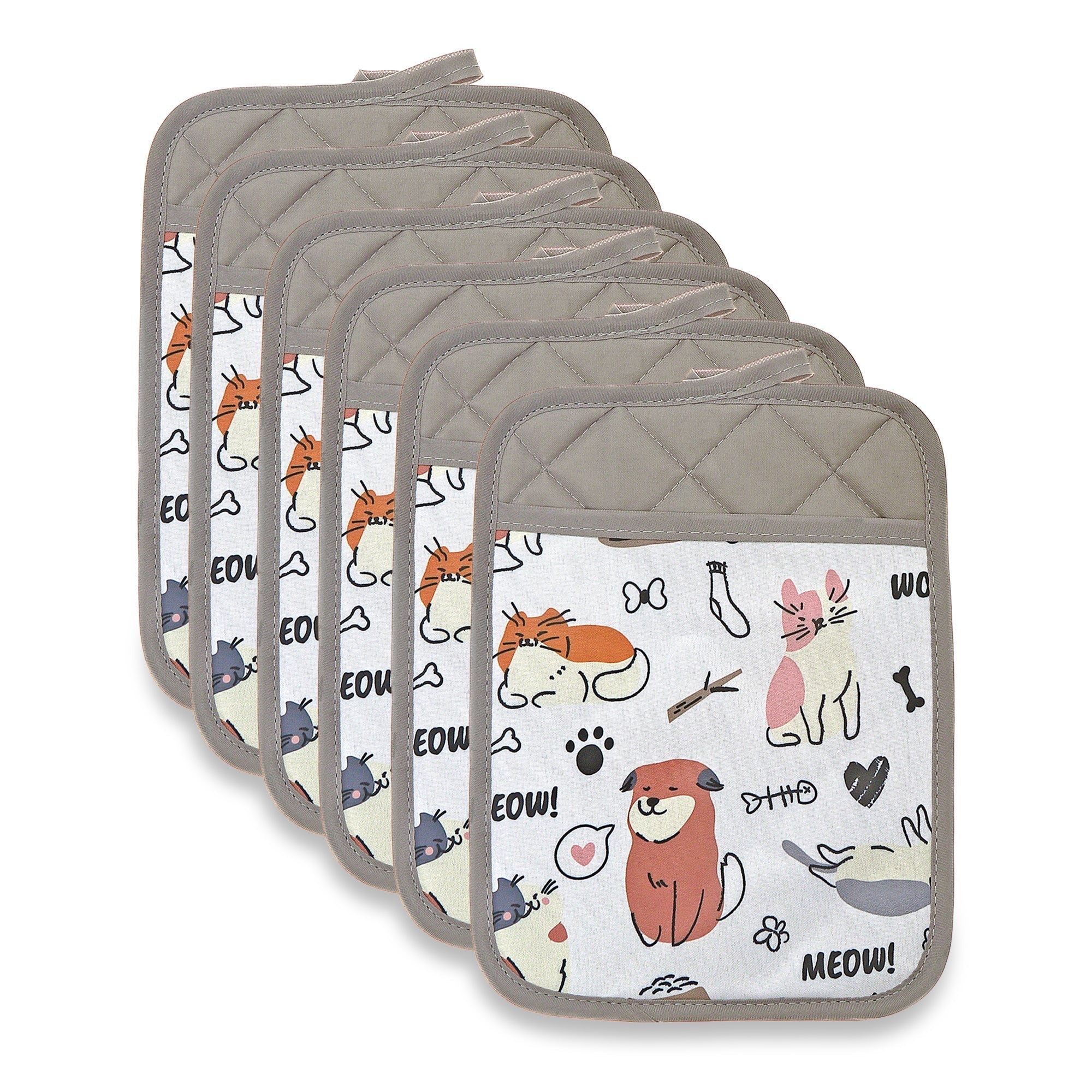 Pot Holder with Pocket Dog and Cat Print, Heat Resistant Kitchen Accessory, Set of 6