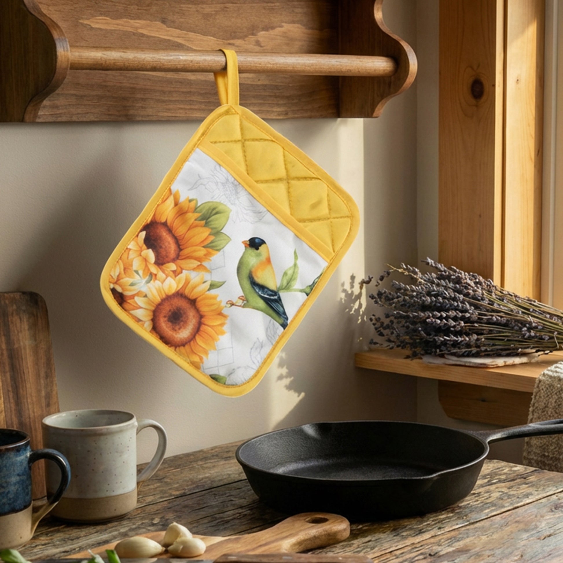 Finch on Sunflower Decorative Pot Holder with Pocket - Set of 6