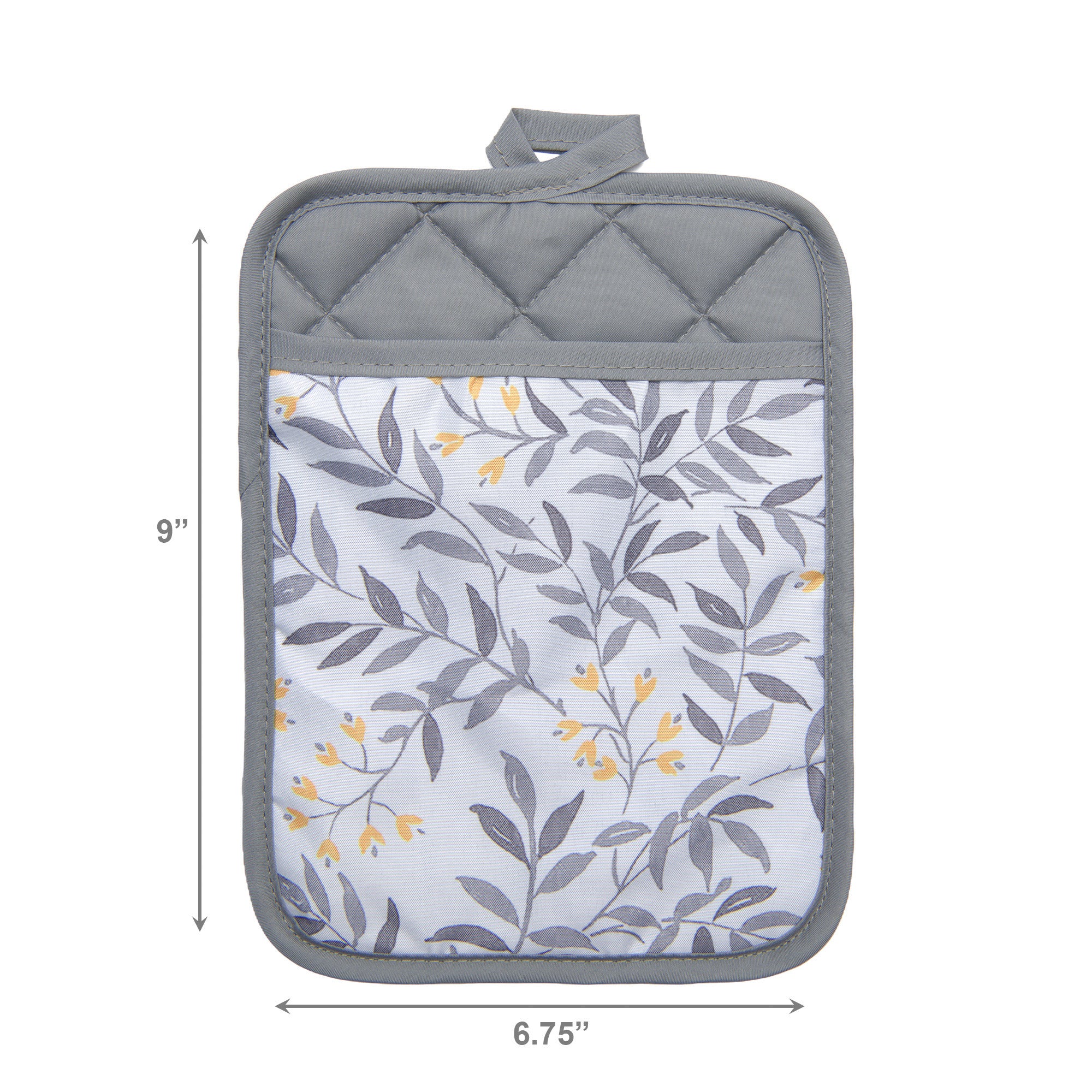 Gray Leaf Pattern Quilted Pot Holder with Pocket - Set of 6