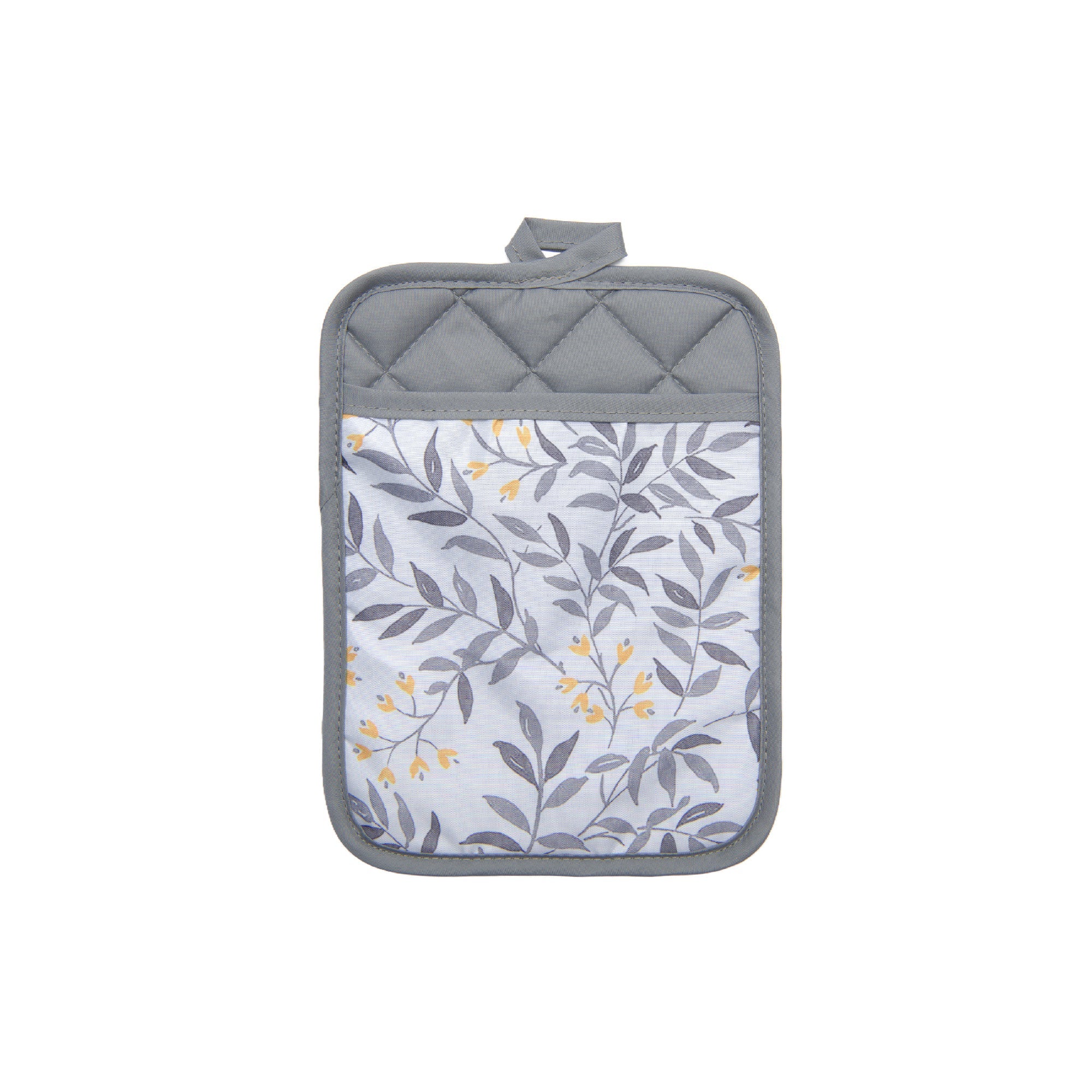 Gray Leaf Pattern Quilted Pot Holder with Pocket - Set of 6