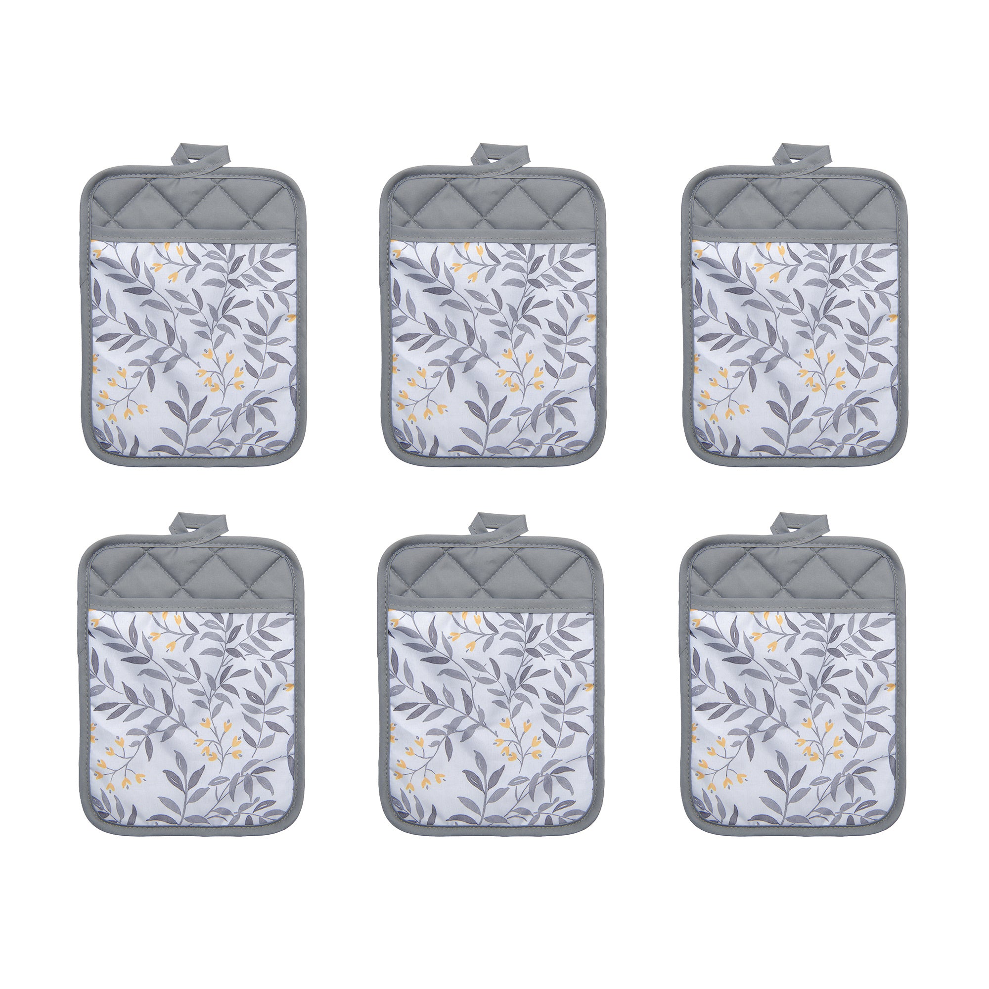 Gray Leaf Pattern Quilted Pot Holder with Pocket - Set of 6