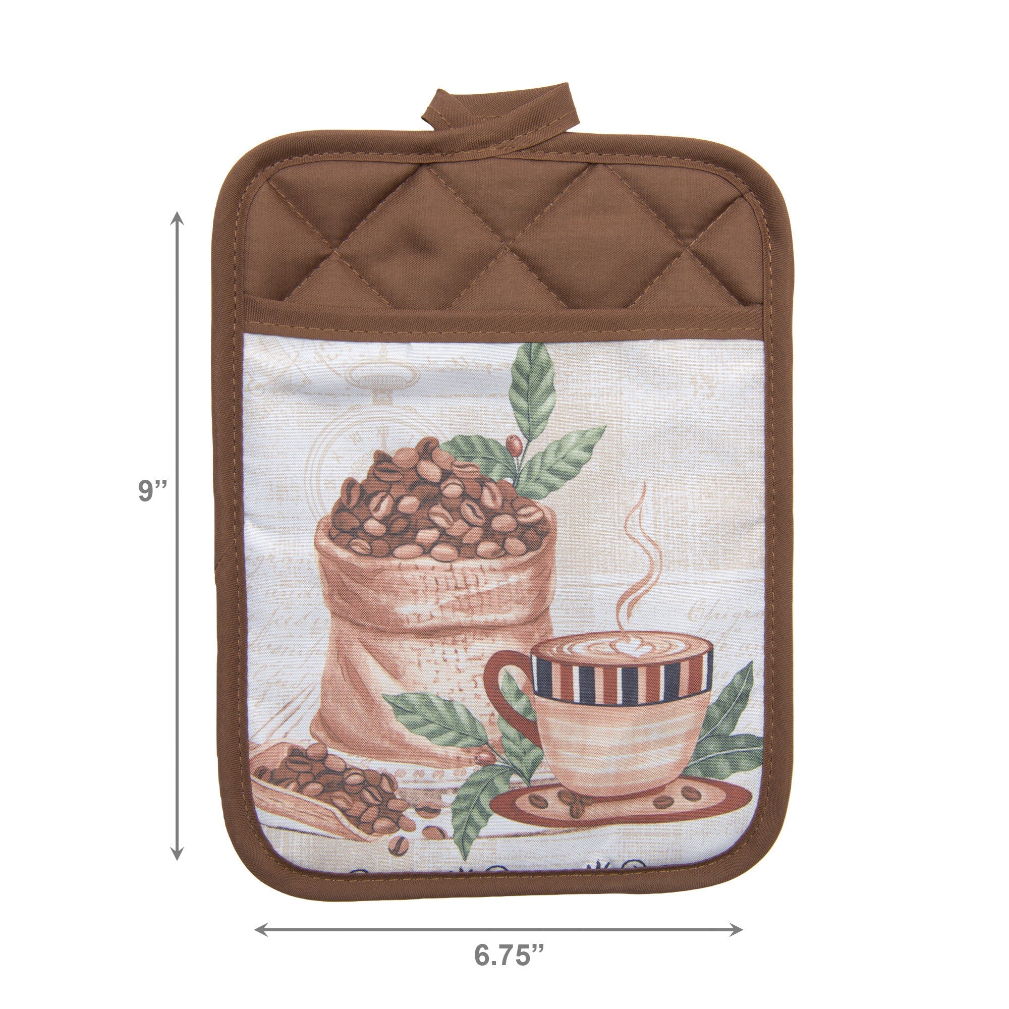 Coffee Bean Print Quilted Pot Holder with Pocket - Set of 6
