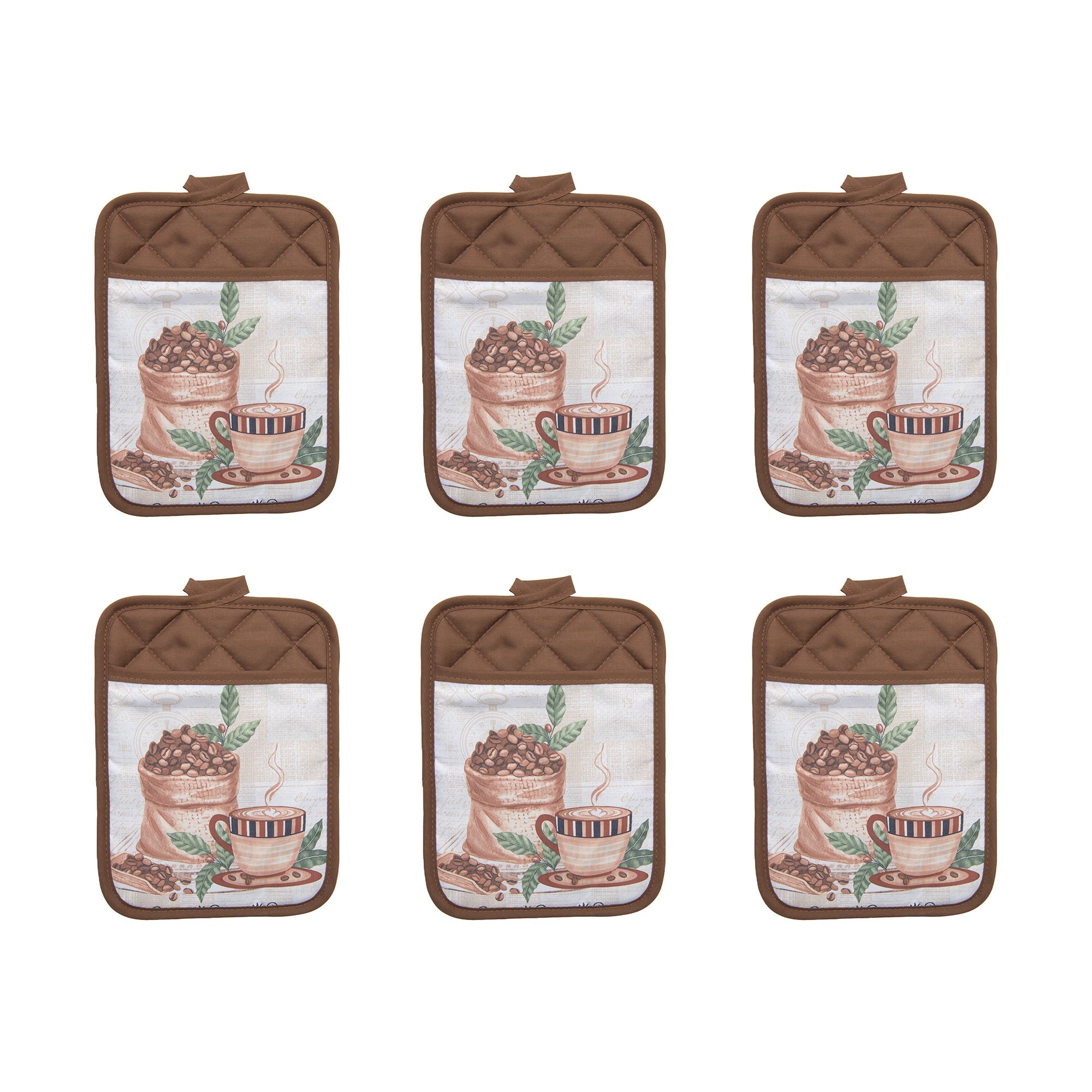 Coffee Bean Print Quilted Pot Holder with Pocket - Set of 6