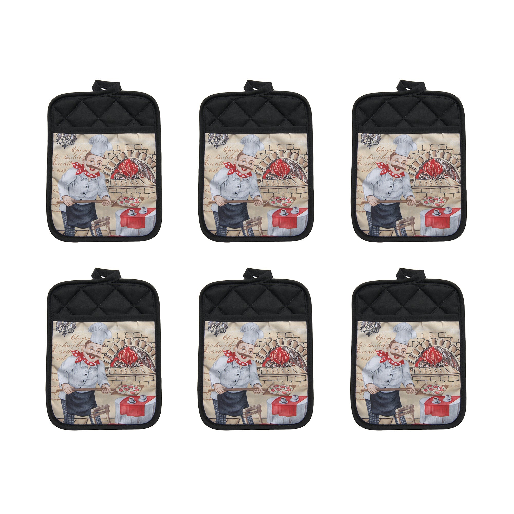 Chef Serving Pizza Novelty Pot Holder with Pocket - Set of 6