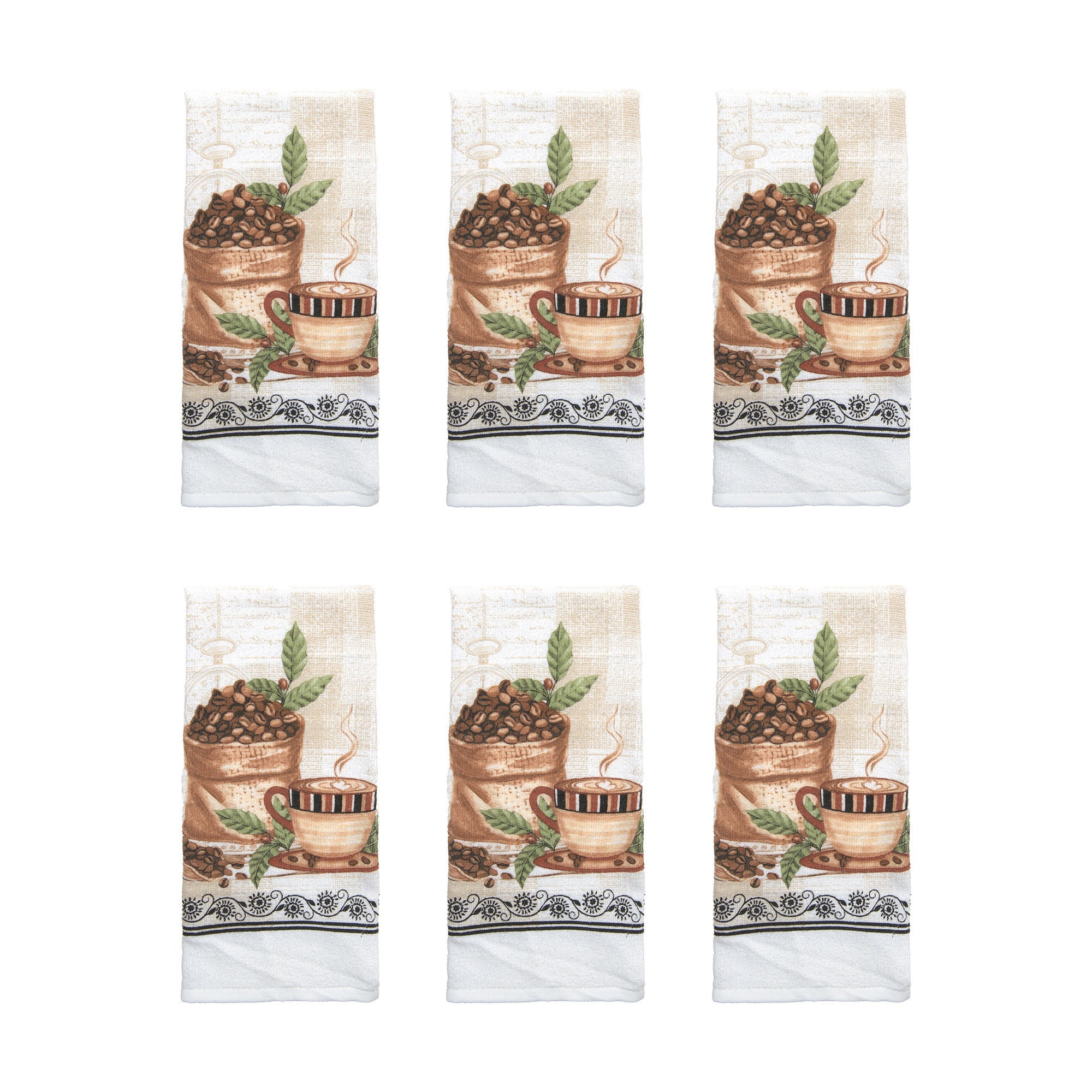 Coffee Bean Print Kitchen Hand Towel - Set of 6