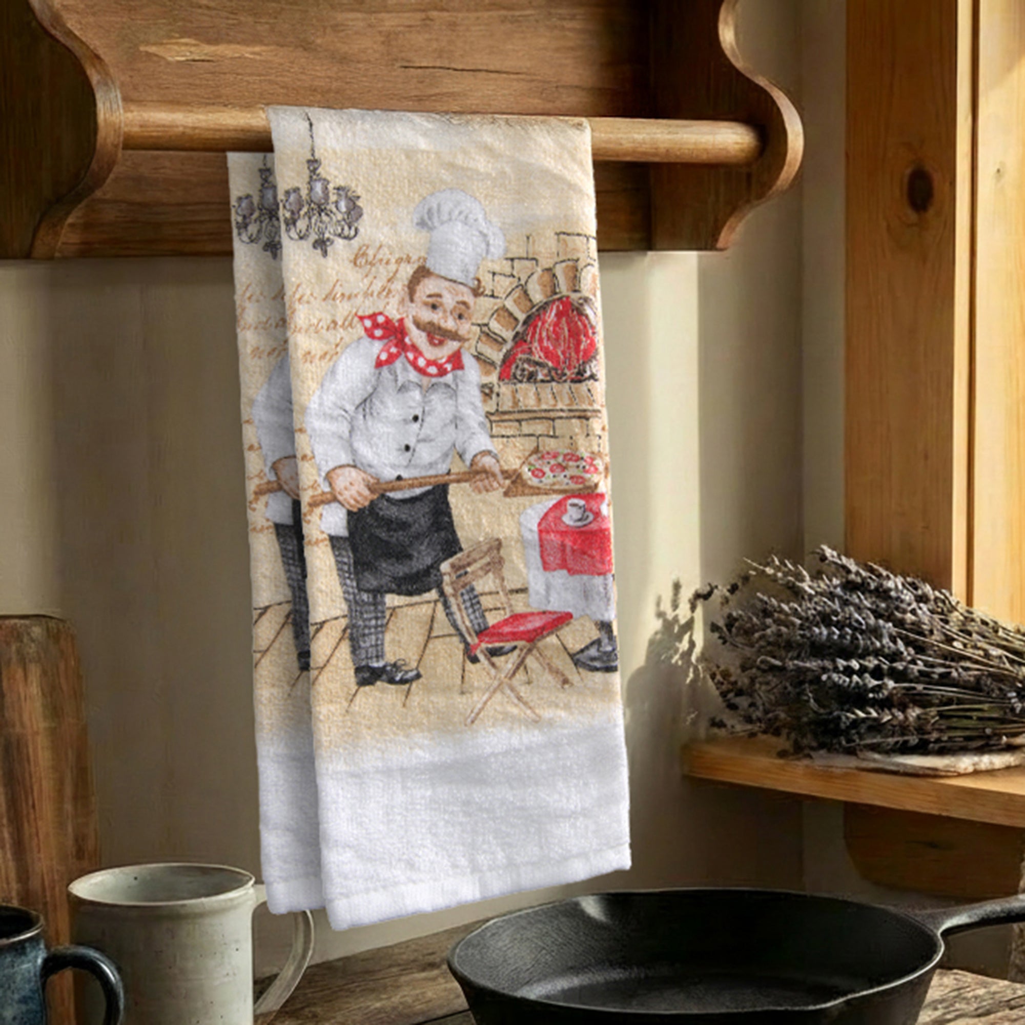 Chef Serving Pizza Novelty Kitchen Hand Towel - Set of 6