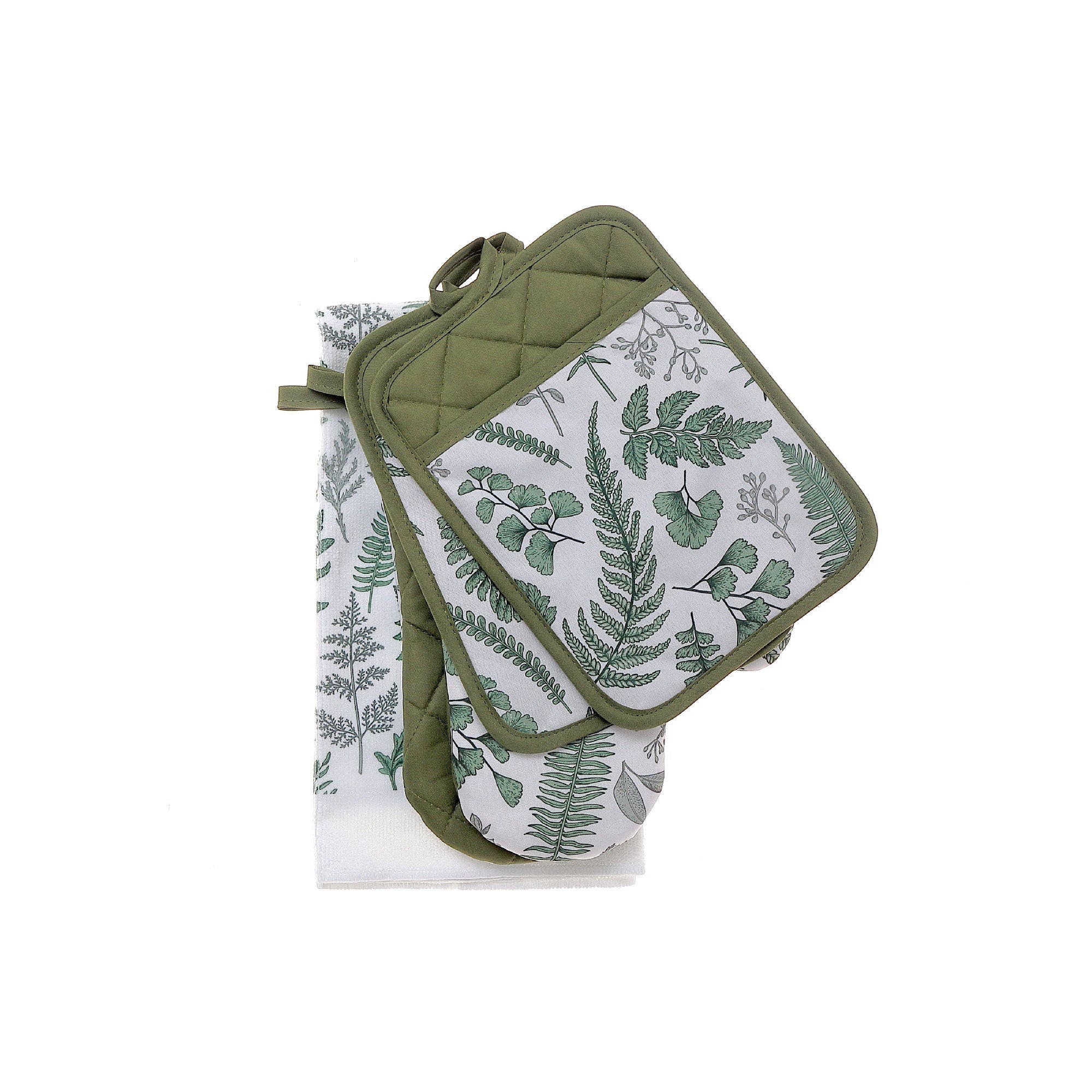 5 Piece Kitchen Set Fern Leaves Design, Dish Towel, Oven Mitt, Pot Holder, Coordinated Kitchen Decor