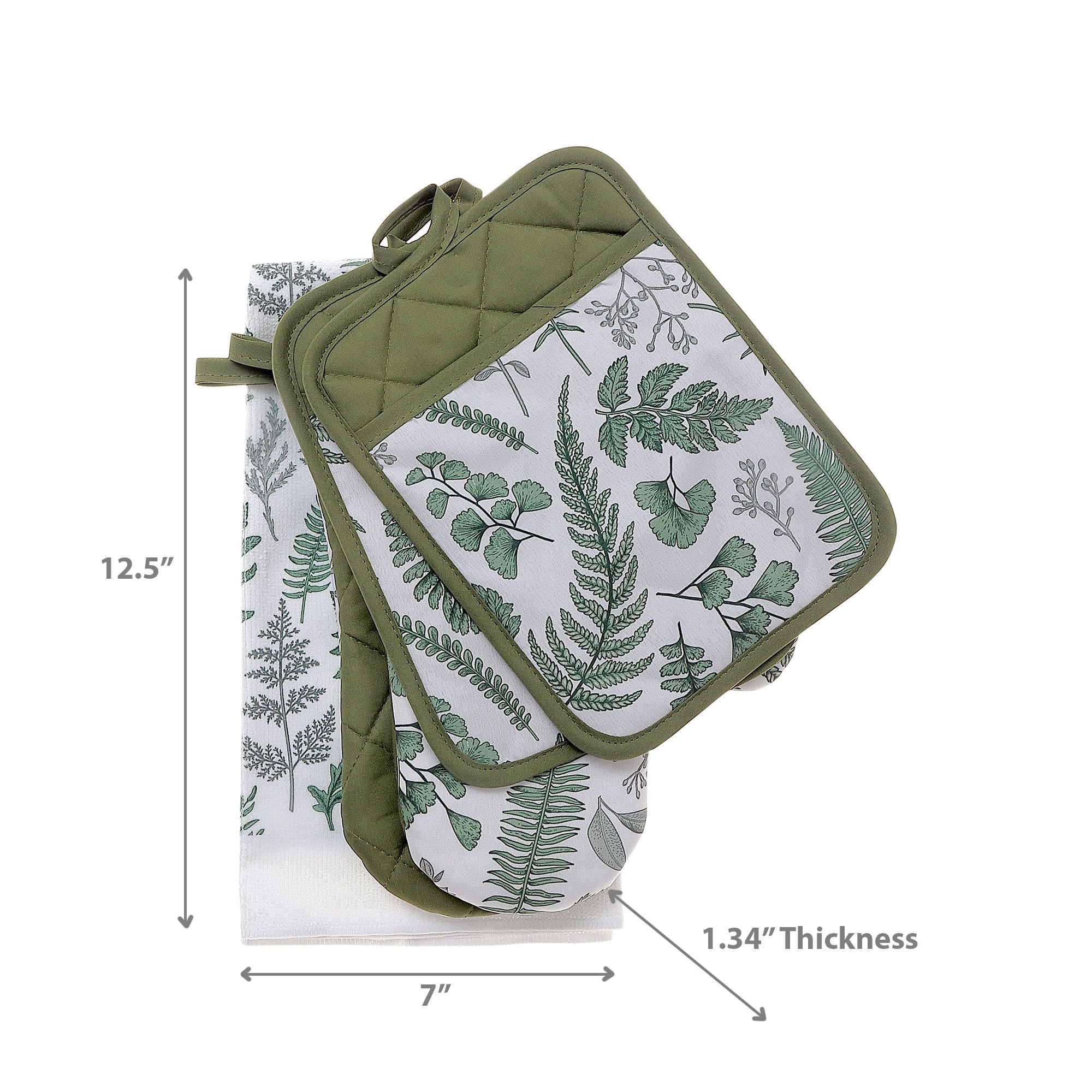 5 Piece Kitchen Set Fern Leaves Design, Dish Towel, Oven Mitt, Pot Holder, Coordinated Kitchen Decor