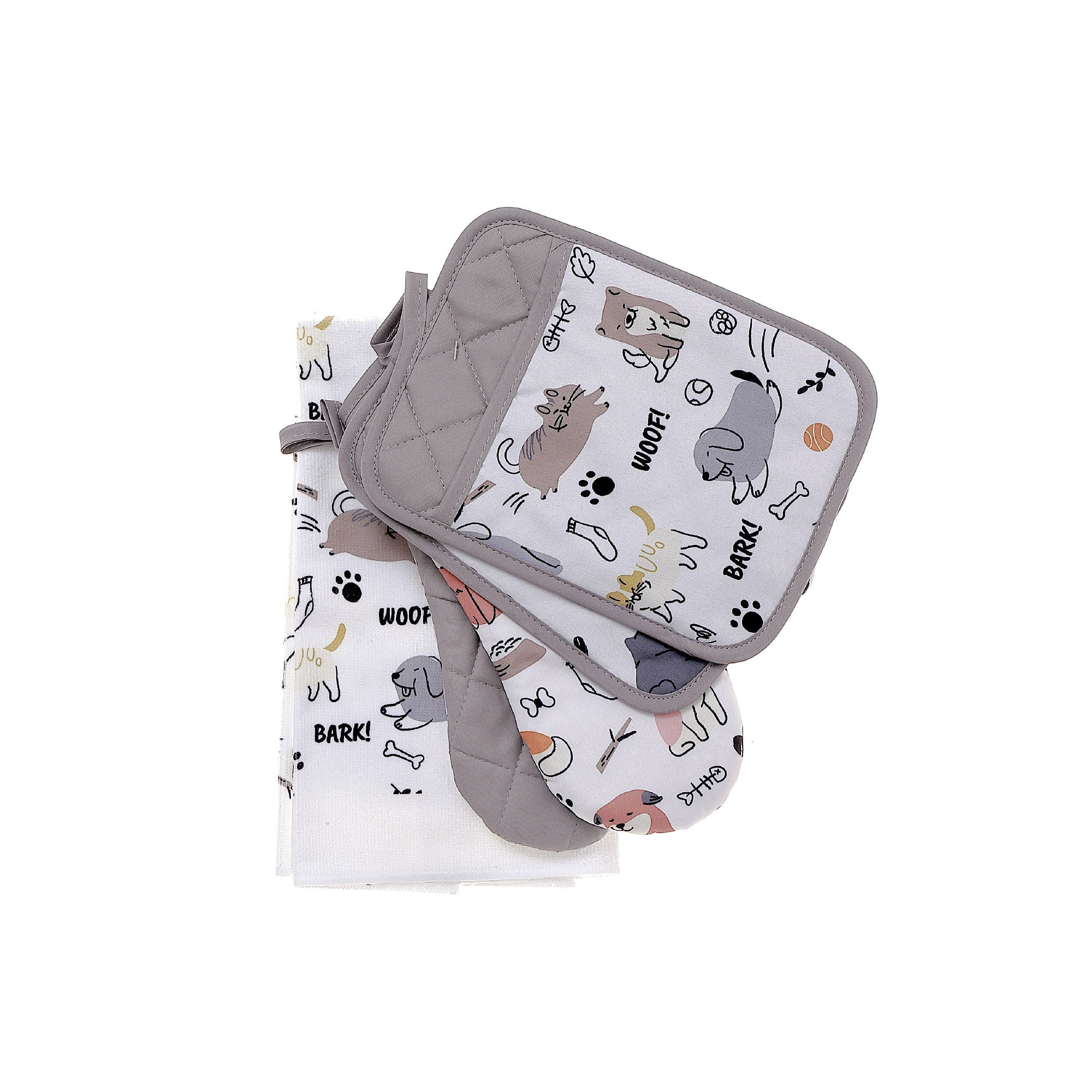 5 Piece Kitchen Set Dog and Cat Print, Dish Towel, Oven Mitt, Pot Holder, Coordinated Kitchen Decor