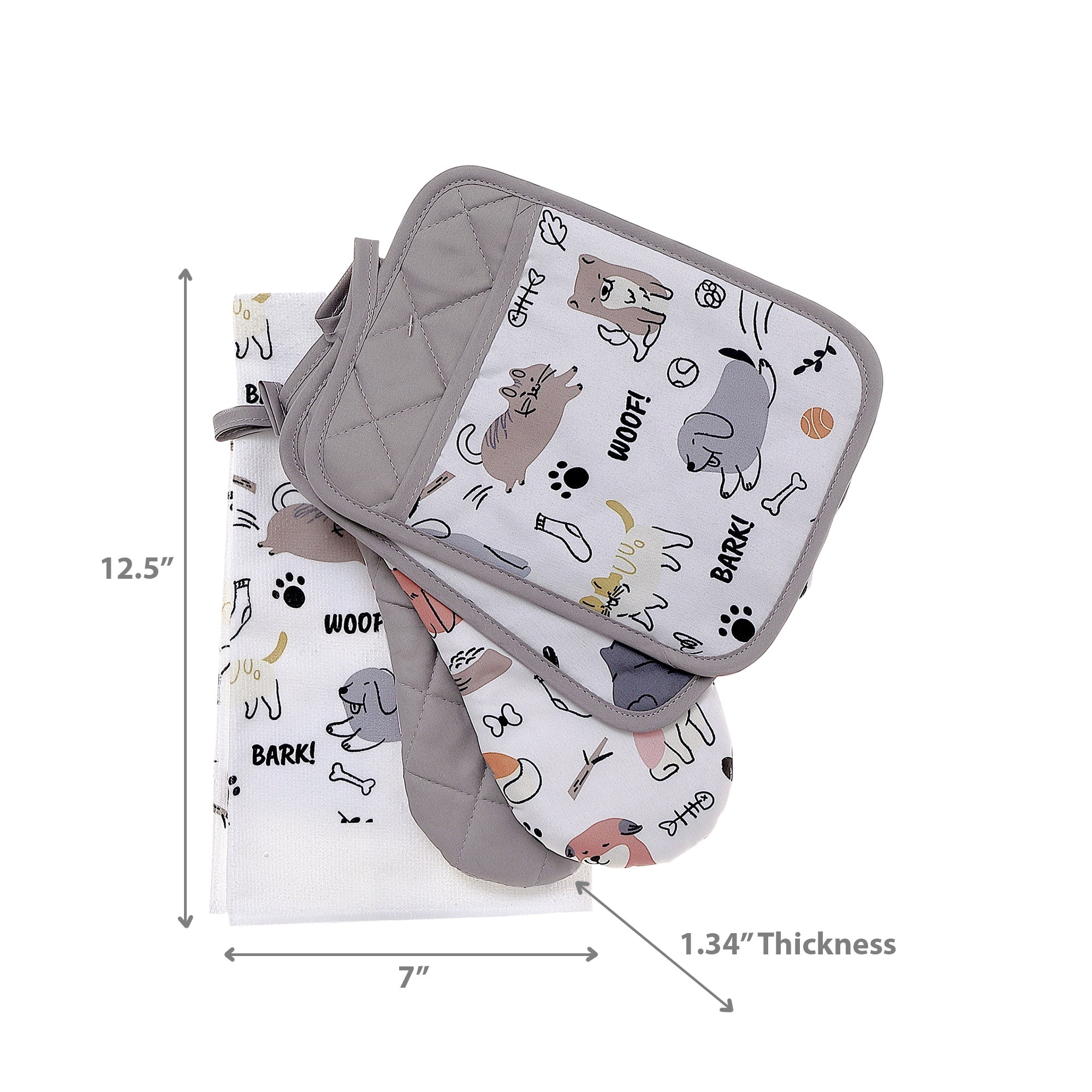 5 Piece Kitchen Set Dog and Cat Print, Dish Towel, Oven Mitt, Pot Holder, Coordinated Kitchen Decor
