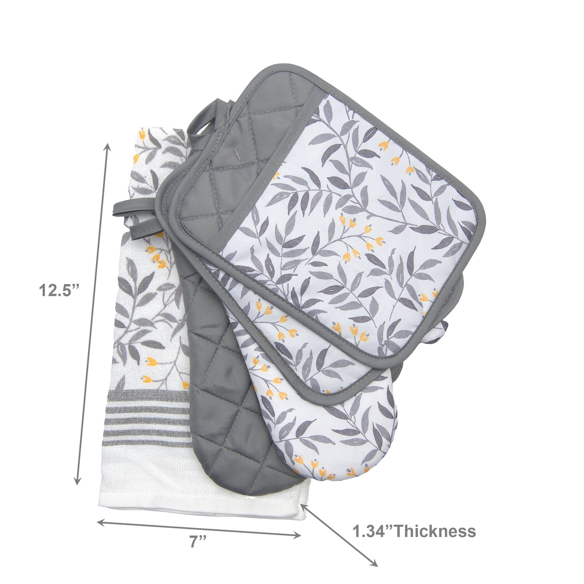 Gray Leaf Pattern 5-Piece Kitchen Textile Set - Set of 2